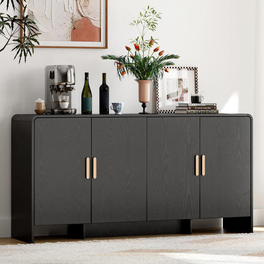 60" Curved Sideboard Buffet Cabinet with 4 Doors and Adjustable Shelves, Farmhouse Coffee Bar Storage for Living Room, Kitchen, or Hallway, Black