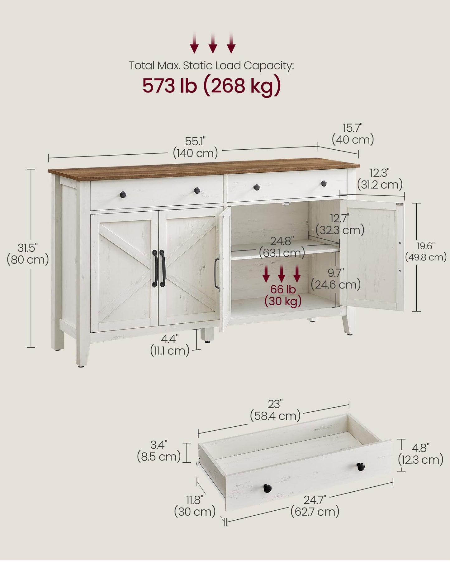 **Buffet Cabinet, Coffee Bar Cabinet with 2 Drawers, Adjustable Shelves, Sideboard Storage with Cable Holes and Drawer Dividers, Rustic White and Honey Brown**
