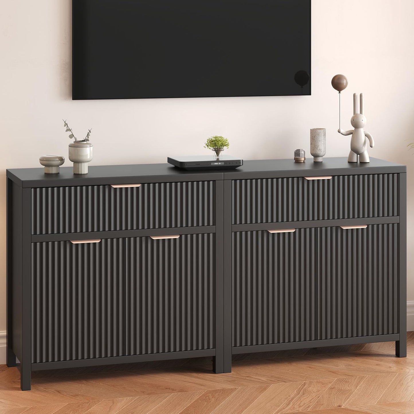 Fluted Storage Cabinet, Sideboard Buffet with Storage, 2 Door 1 Drawer Adjustable Shelf, Accent Cabinet, Console Tables, Credenzas for Living Room, Entryway Table Black