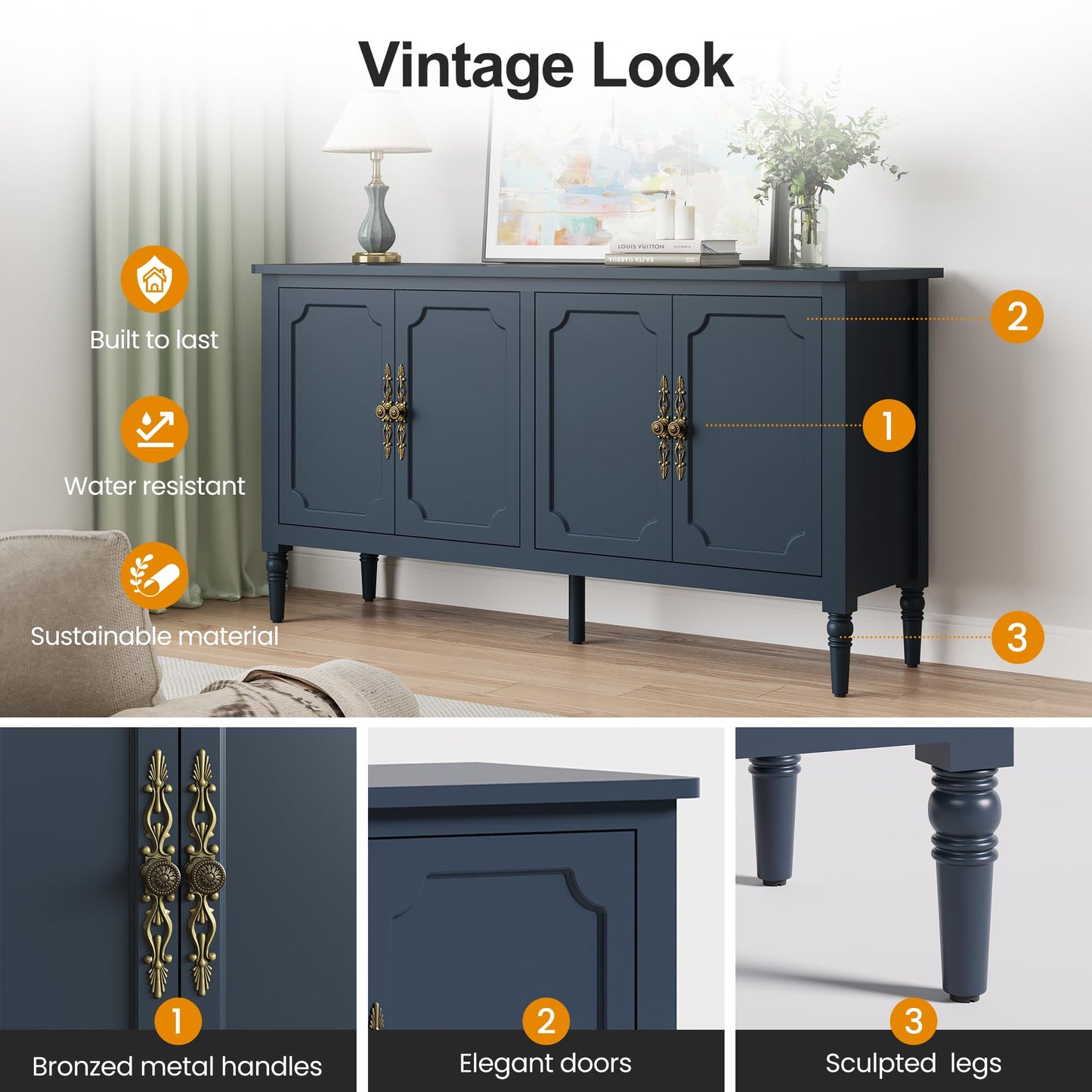 58" Mid-Century Modern Sideboard Buffet Cabinet with Storage and Solid Wood Legs, 4-Door Credenza for Entryway, Kitchen, or Living Room, Dove Gray