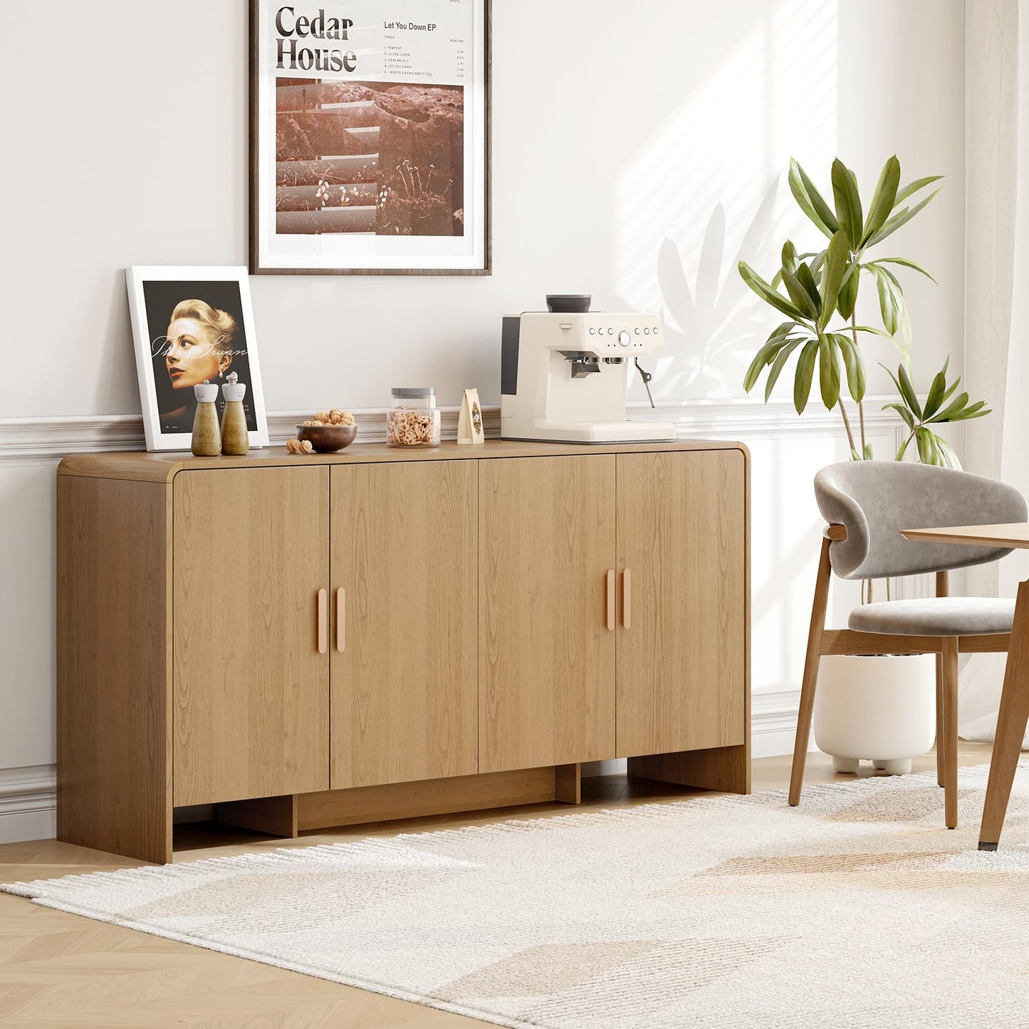 60" Curved Sideboard Buffet Cabinet with 4 Doors and Adjustable Shelves, Farmhouse Coffee Bar Storage for Living Room, Kitchen, or Hallway, Oak