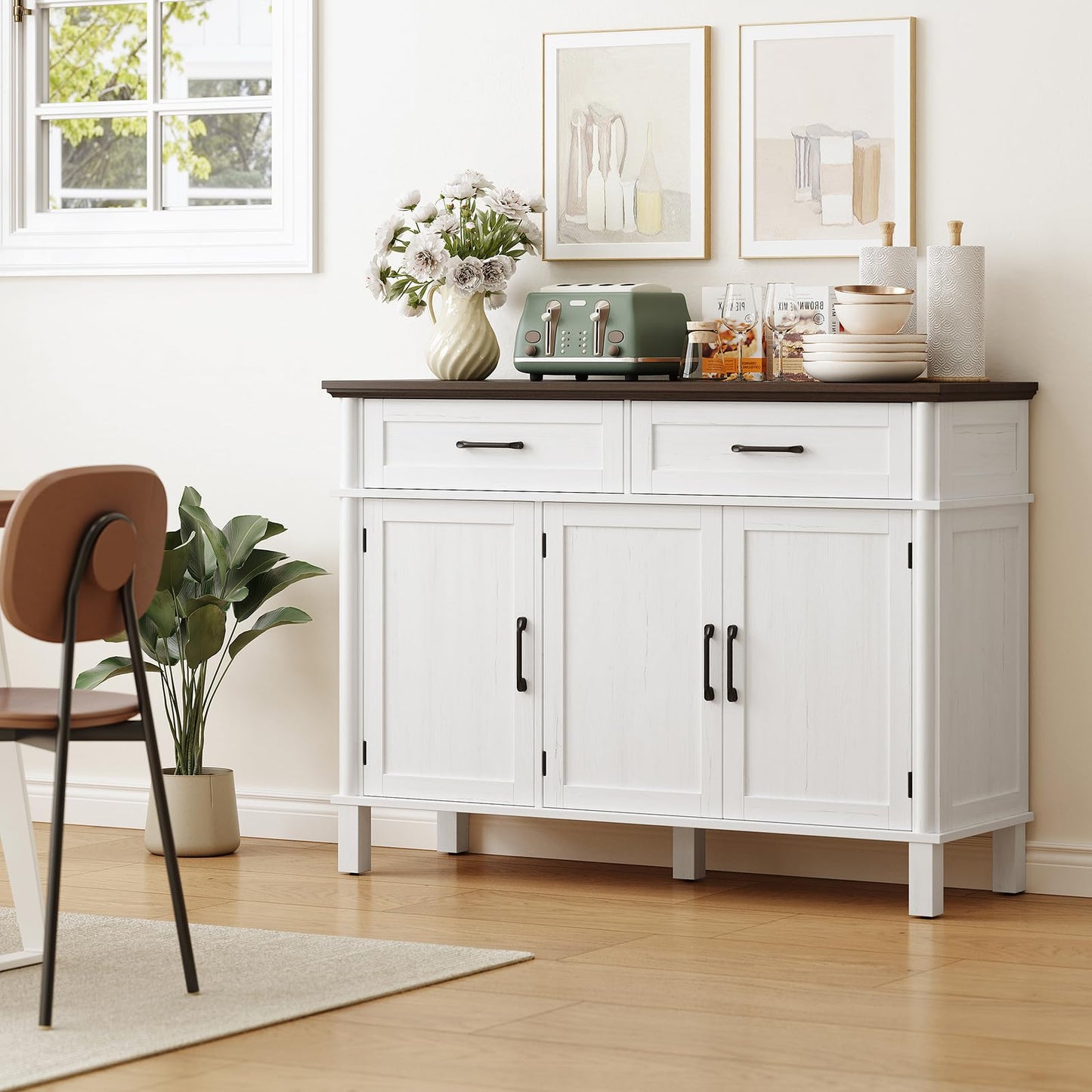 48" Farmhouse Buffet Sideboard Cabinet with 2 Drawers and 3 Doors, Wood Coffee Bar Cabinet with Adjustable Shelves for Kitchen or Living Room, Off White