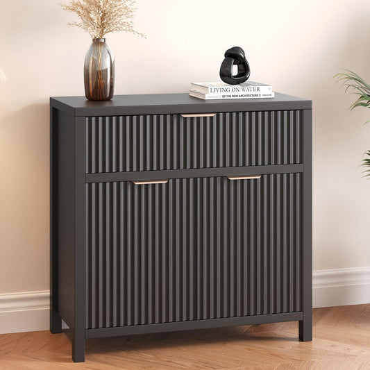 Fluted Storage Cabinet, Sideboard Buffet with Storage, 2 Door 1 Drawer Adjustable Shelf, Accent Cabinet, Console Tables, Credenzas for Living Room, Entryway Table Black