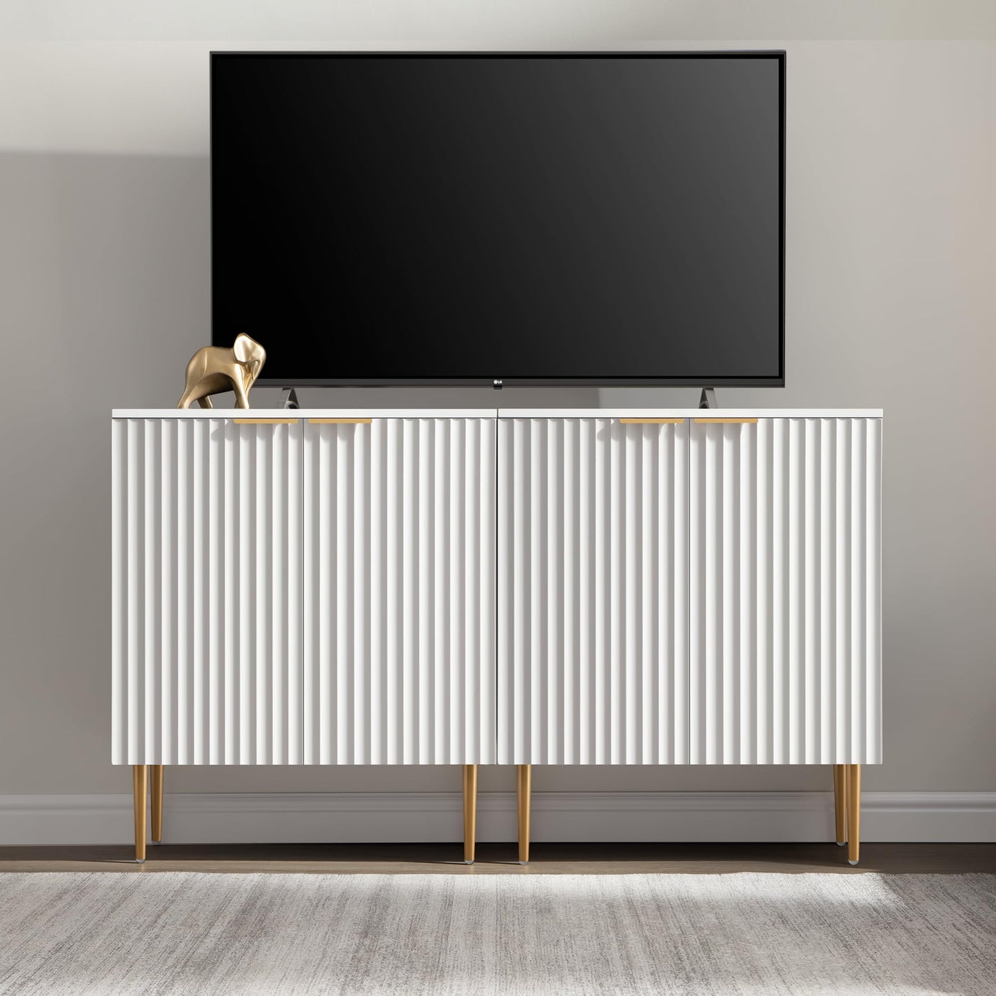 57" Modern Sideboard Buffet Cabinet with 4 Doors and Adjustable Shelf, Space-Saving Storage Console for Entryway, Kitchen, or Living Room, White