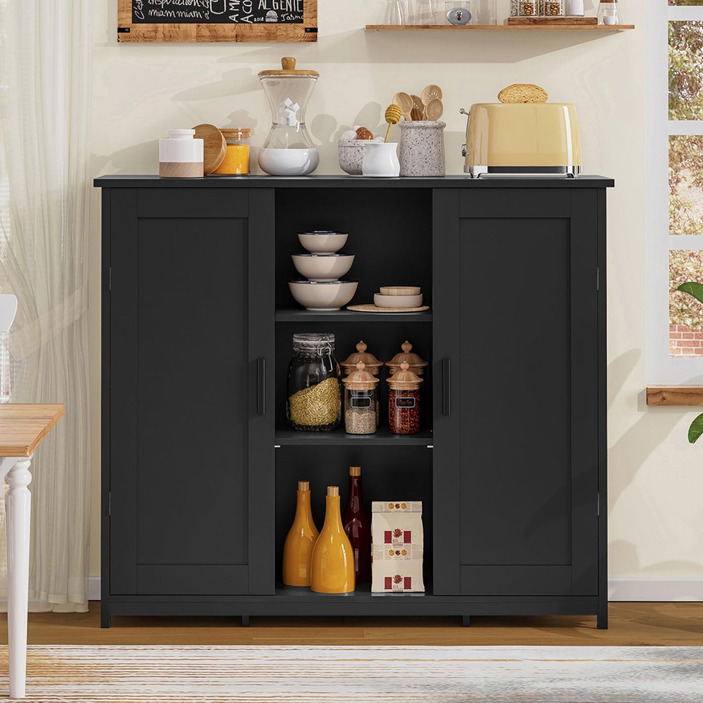 Storage Cabinet with 2 Doors and 4 Shelves, Bathroom Cupboard or Credenza for Living Room, Entryway, or Home Office, Black