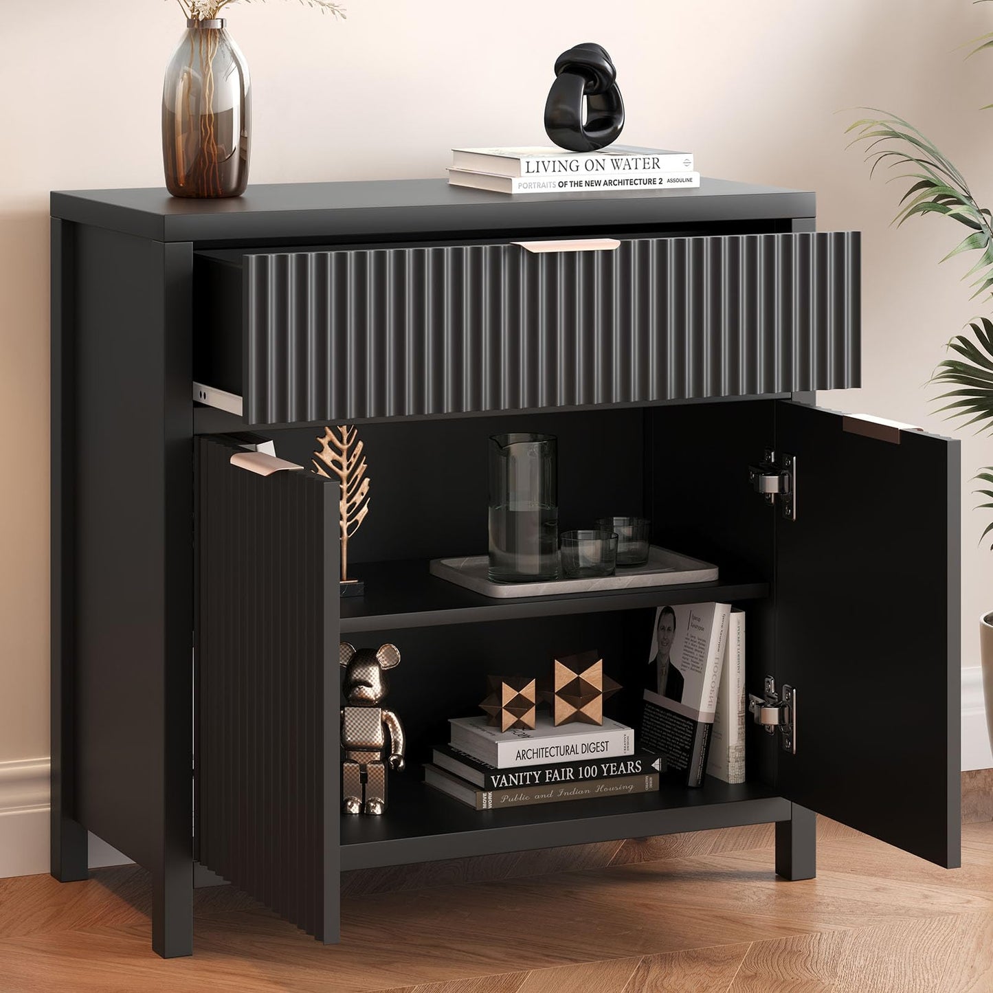 Fluted Storage Cabinet, Sideboard Buffet with Storage, 2 Door 1 Drawer Adjustable Shelf, Accent Cabinet, Console Tables, Credenzas for Living Room, Entryway Table Black