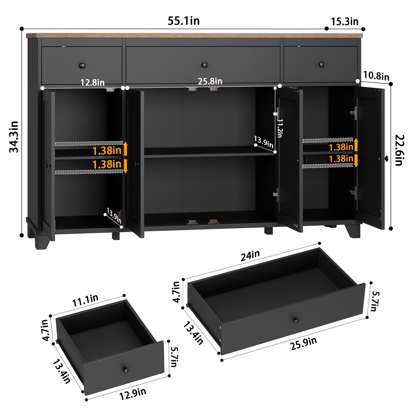 **HIFIT 55" Large Kitchen Buffet Cabinet with Storage, Farmhouse Sideboard with Drawers, Doors, and Shelves, Wood Coffee Bar Cabinet for Kitchen, Dining, or Living Room, Black**