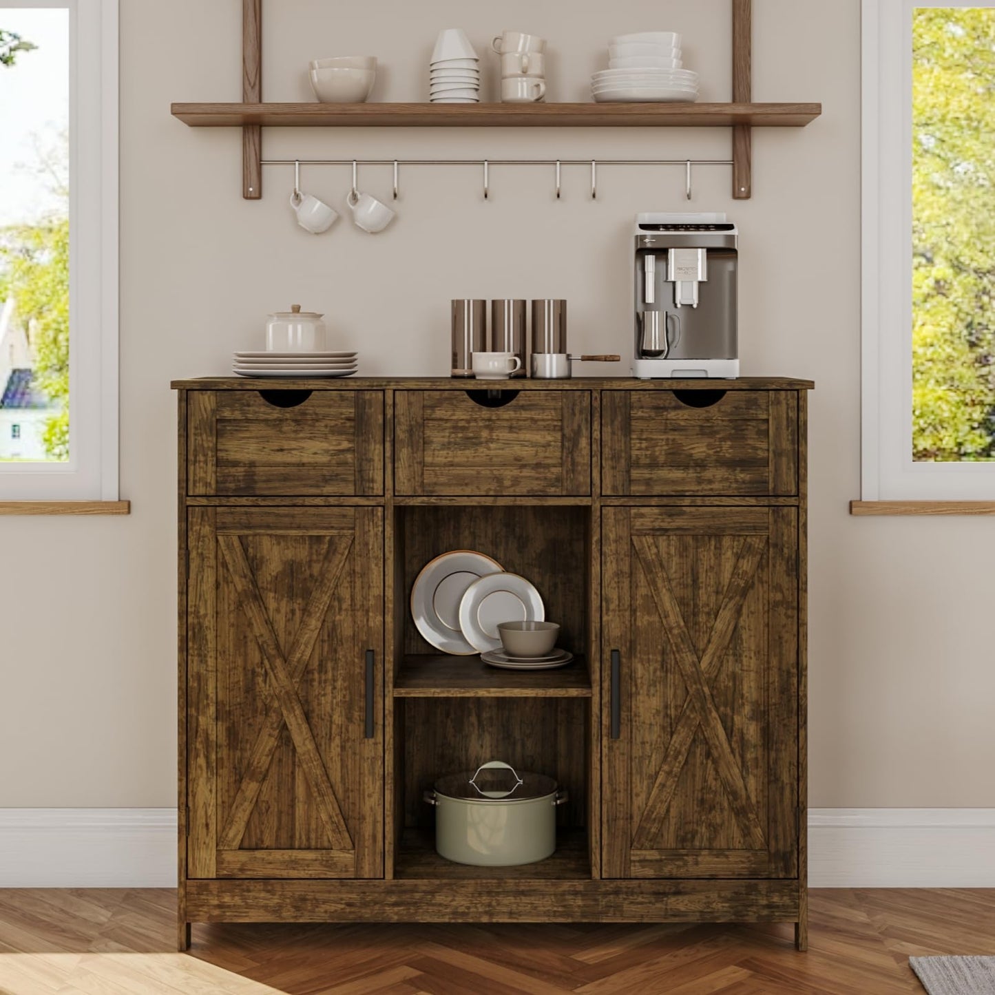 Storage Cabinet with 2 Doors, 3 Drawers, and 2 Adjustable Shelves, Coffee Bar Sideboard for Bathroom, Kitchen, or Living Room, Retro