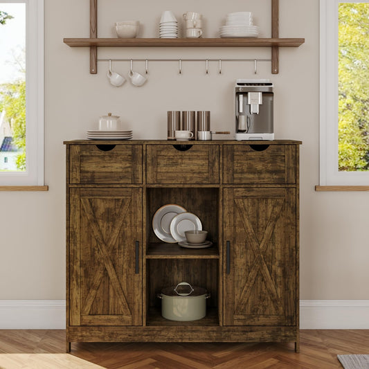 Storage Cabinet with 2 Doors, 3 Drawers, and 2 Adjustable Shelves, Coffee Bar Sideboard for Bathroom, Kitchen, or Living Room, Retro