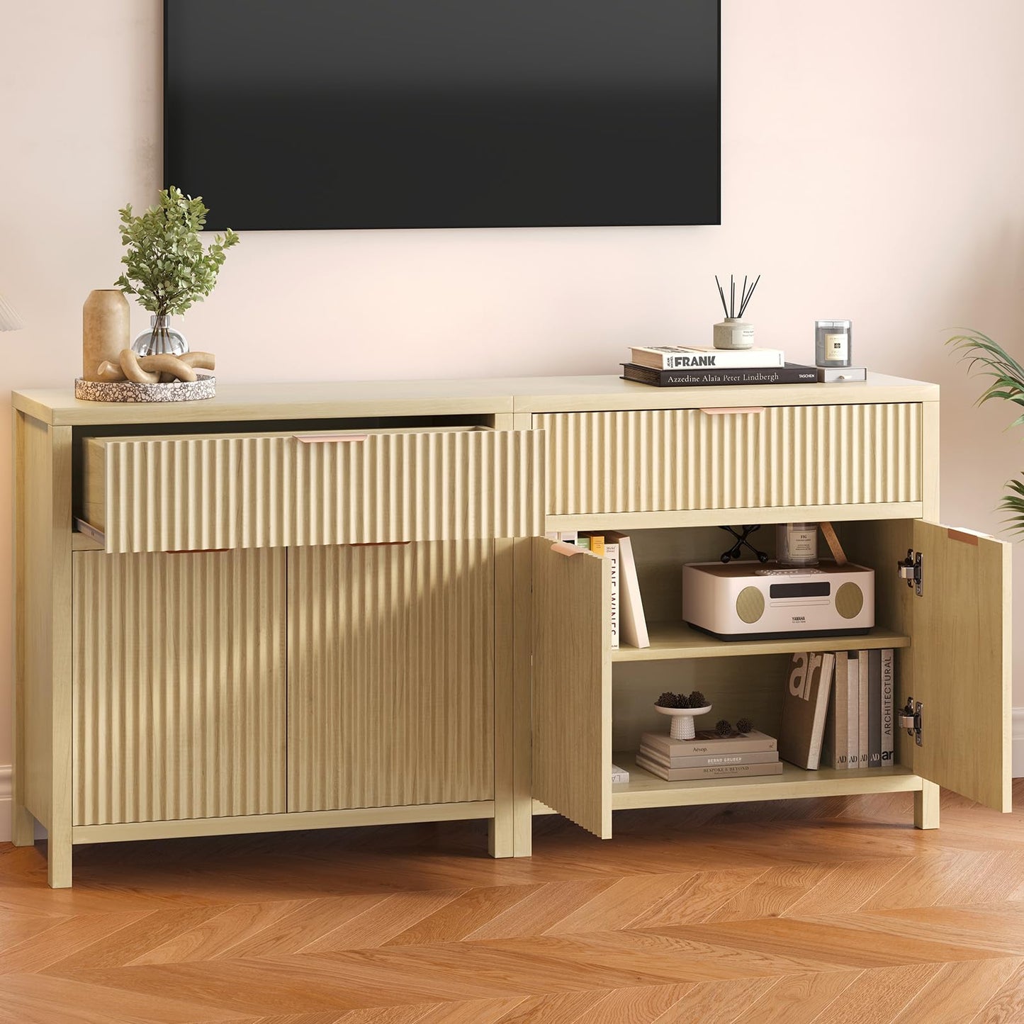 **Oak Fluted Door Accent Cabinet, Sideboard Buffet with 2 Doors, 1 Drawer & Adjustable Shelf, Modern Console Table for Living Room and Entryway**