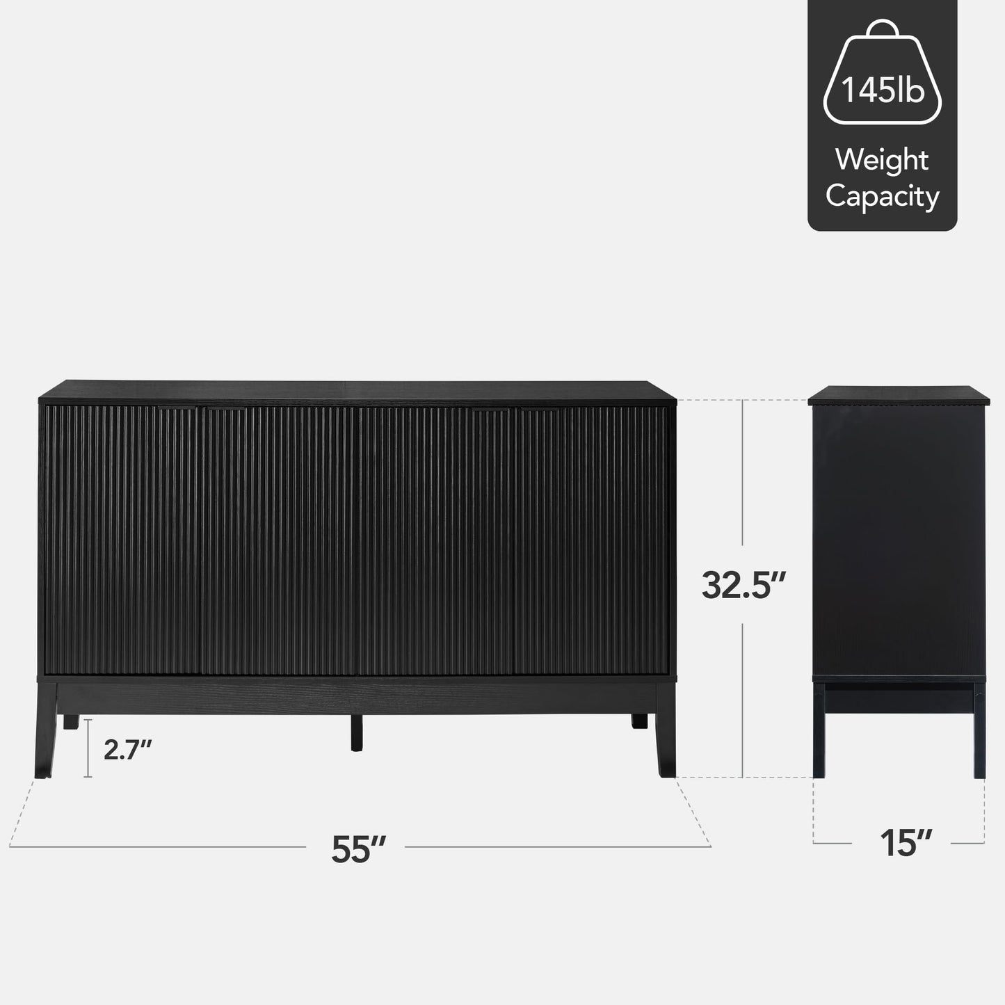 Modern 55" 4-Door Sideboard Storage Cabinet with Reed Panels and Adjustable Shelves, Buffet Media Cabinet for Entryway or Living Room, Black