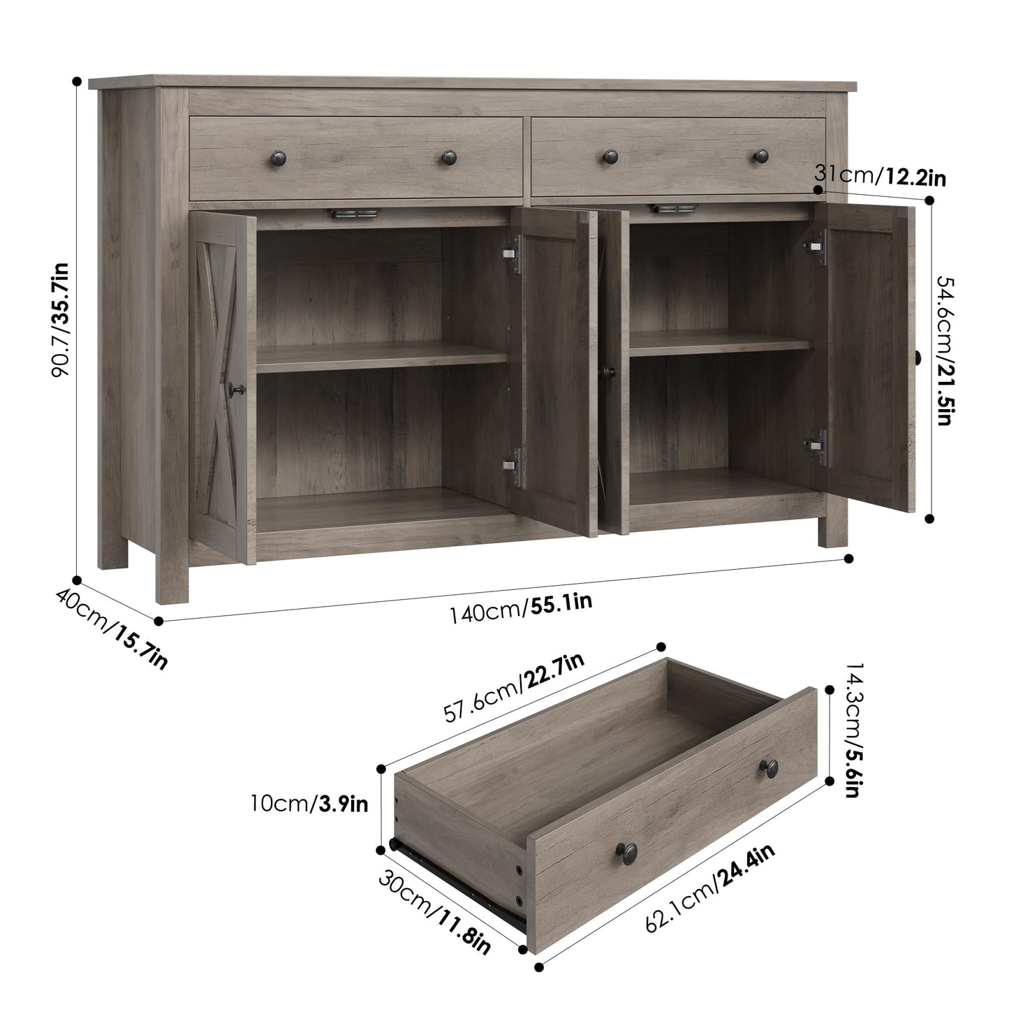 55" Large Sideboard Buffet Cabinet with 2 Drawers and 4 Doors, Wood Storage Buffet Table for Kitchen or Dining Room, Ash Grey