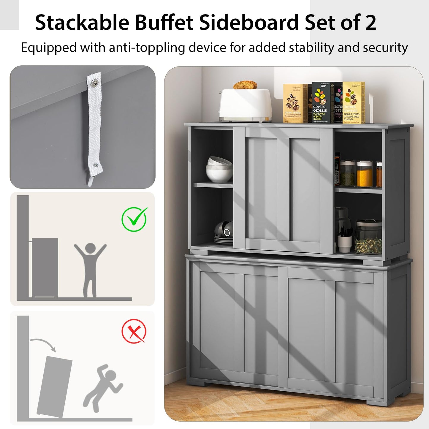 Wooden Sideboard Buffet Cabinet with Adjustable Shelf and Sliding Barn Door, Kitchen Storage and Coffee Bar Console Table for Living Room, Dining Room, or Hallway, Grey