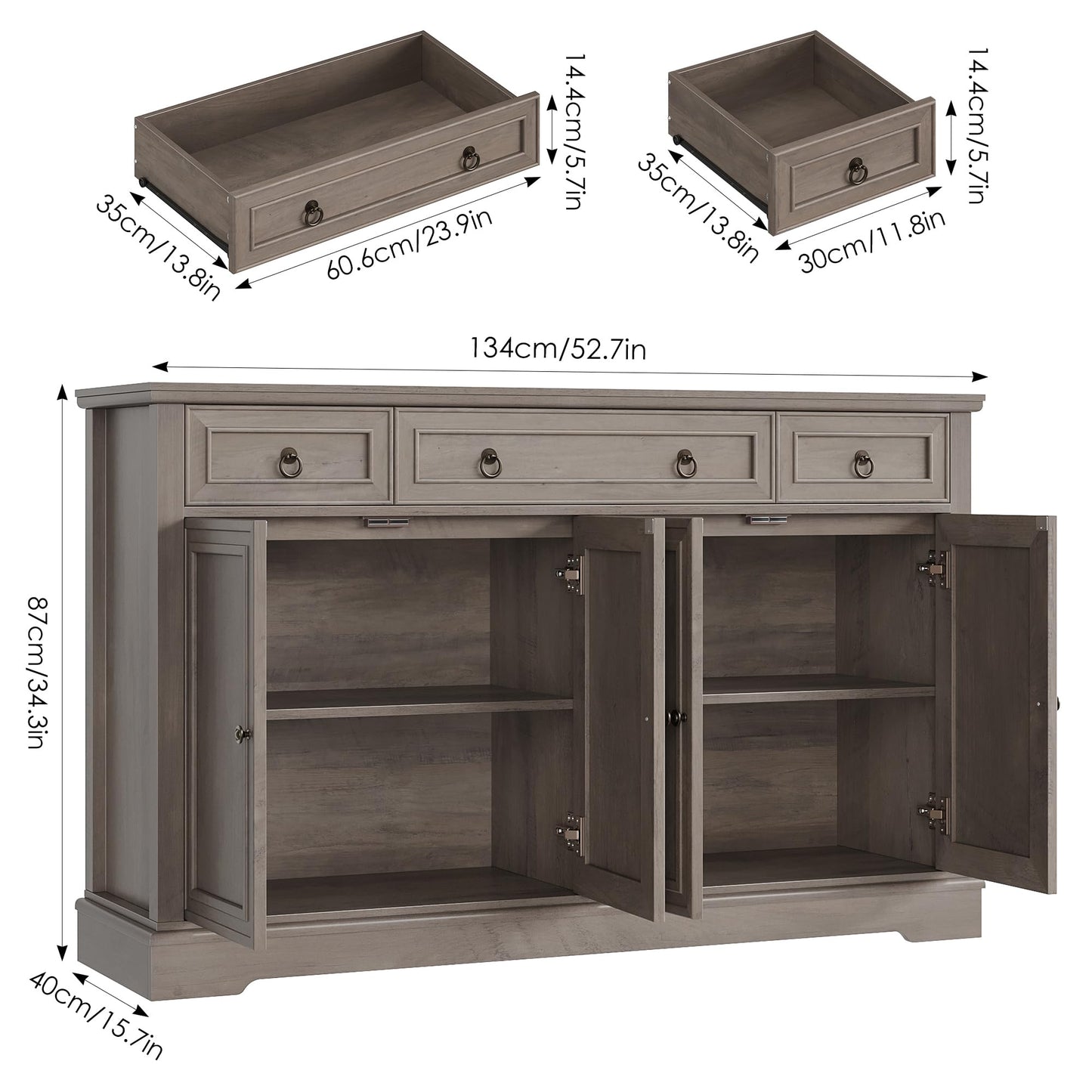 FINETONES 52.7" Large Buffet Cabinet with Storage, Modern Sideboard with 3 Drawers and 4 Doors, Wooden Coffee Bar Cabinet for Kitchen, Dining Room, Living Room, or Home Office, Ash Grey
