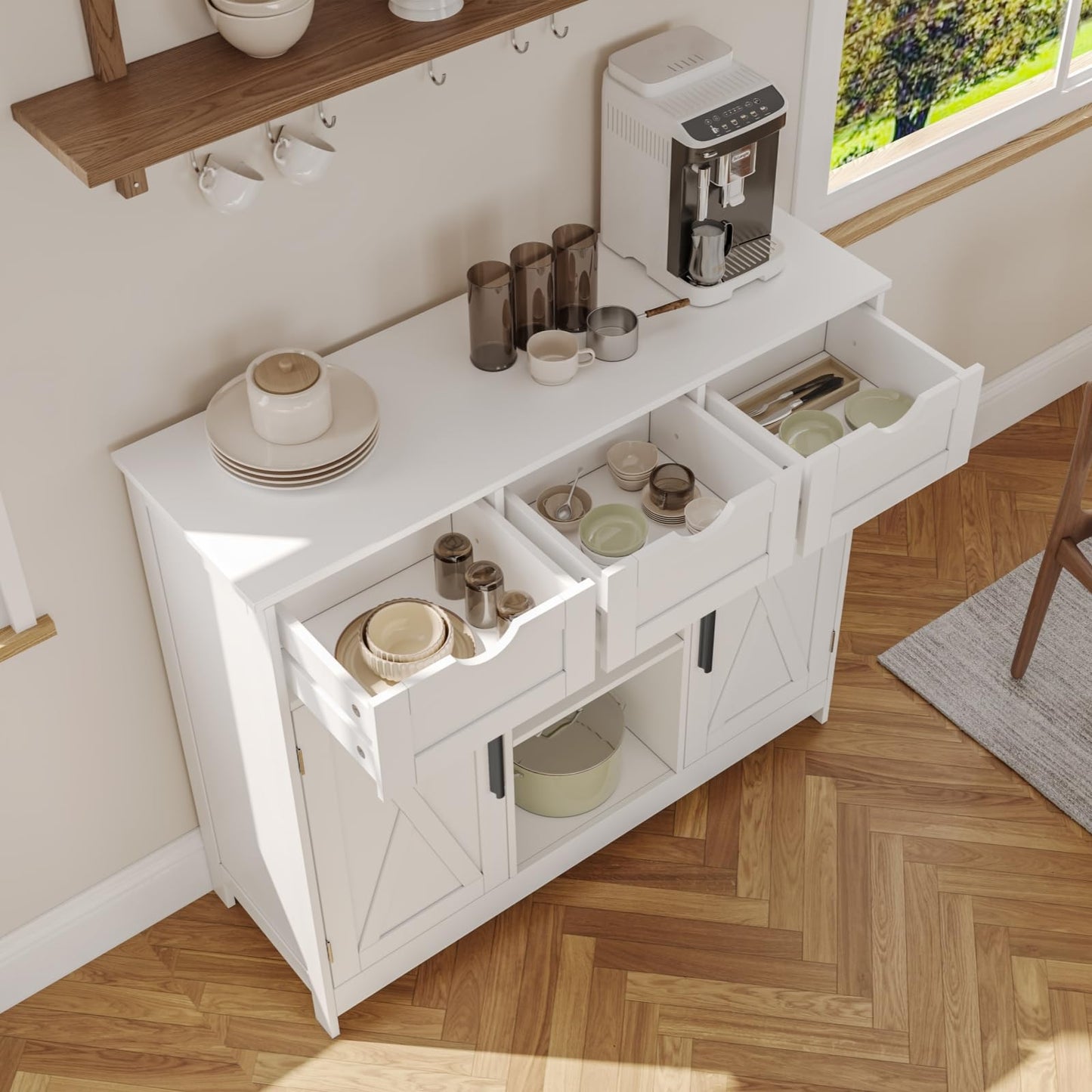 Storage Cabinet with 2 Doors, 3 Drawers, and 2 Adjustable Shelves, Coffee Bar Sideboard for Bathroom, Kitchen, or Living Room, White