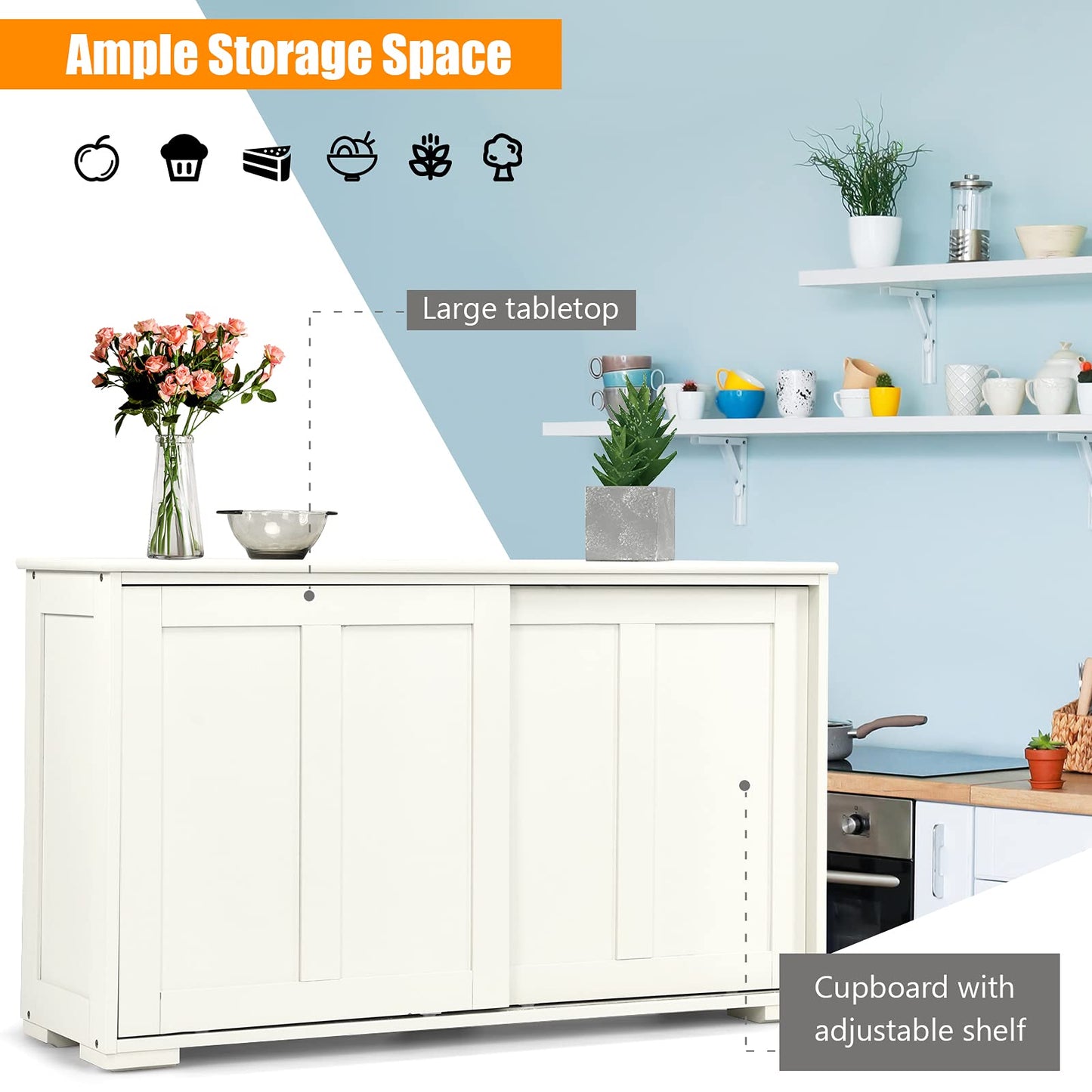 Wooden Sideboard Buffet Cabinet with Adjustable Shelf and Sliding Barn Door, Kitchen Storage and Coffee Bar Console Table for Living Room, Dining Room, or Hallway, White