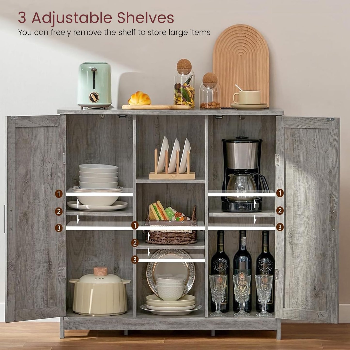 Storage Cabinet with 2 Doors and 4 Adjustable Shelves, Buffet Floor Cabinet for Living Room, Entryway, or Kitchen, Rustic Gray