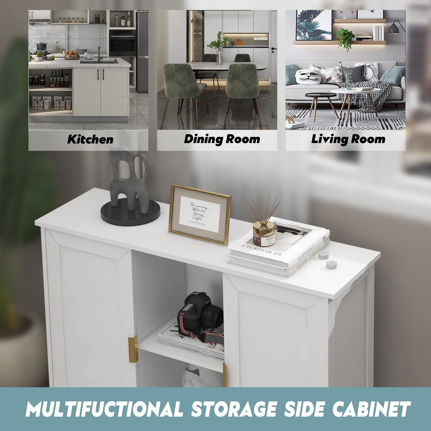 Black Buffet Cabinet with Storage, Modern Narrow Wooden Sideboard Accent Table for Living Room
