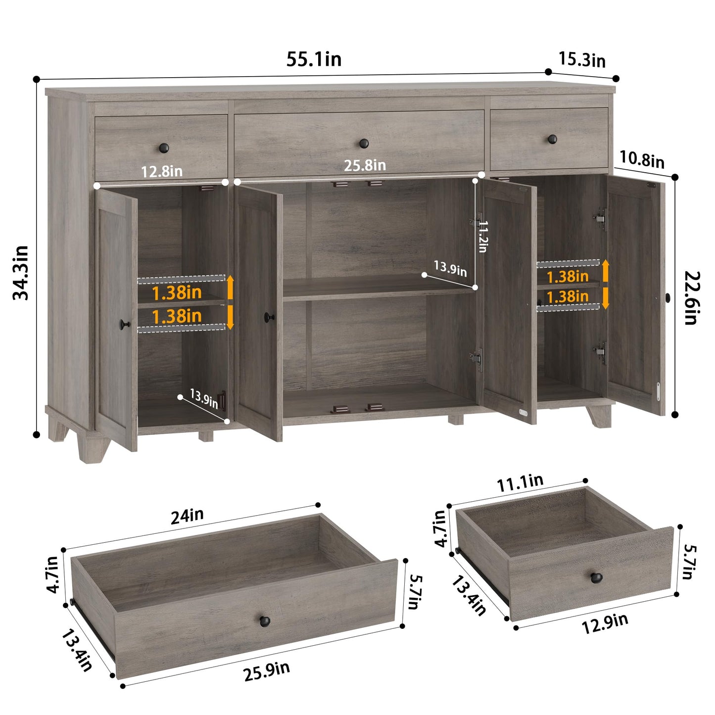 **HIFIT 55" Large Kitchen Buffet Cabinet with Storage, Farmhouse Sideboard with Drawers, Doors, and Shelves, Wood Coffee Bar for Kitchen, Dining, or Living Room, Ash Grey**