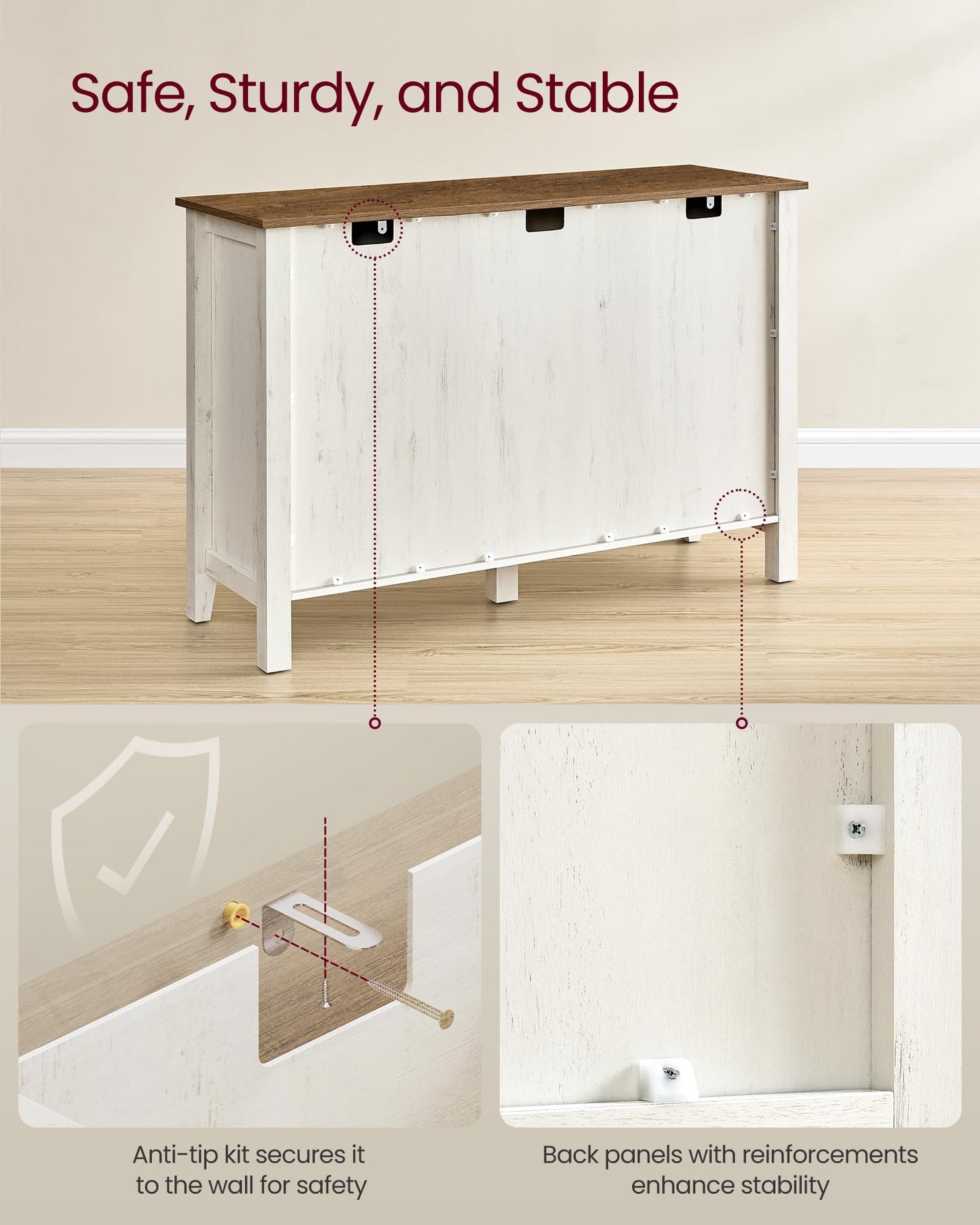 **Buffet Cabinet, Coffee Bar Cabinet with 3 Drawers, Adjustable Shelves, Sideboard Storage with Cable Holes and Drawer Dividers, Rustic White and Honey Brown**