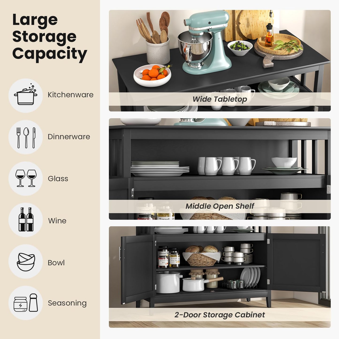 Freestanding Buffet Cabinet with Adjustable Shelf, Kitchen Storage Sideboard Console Table, 45" x 20" x 36", Black