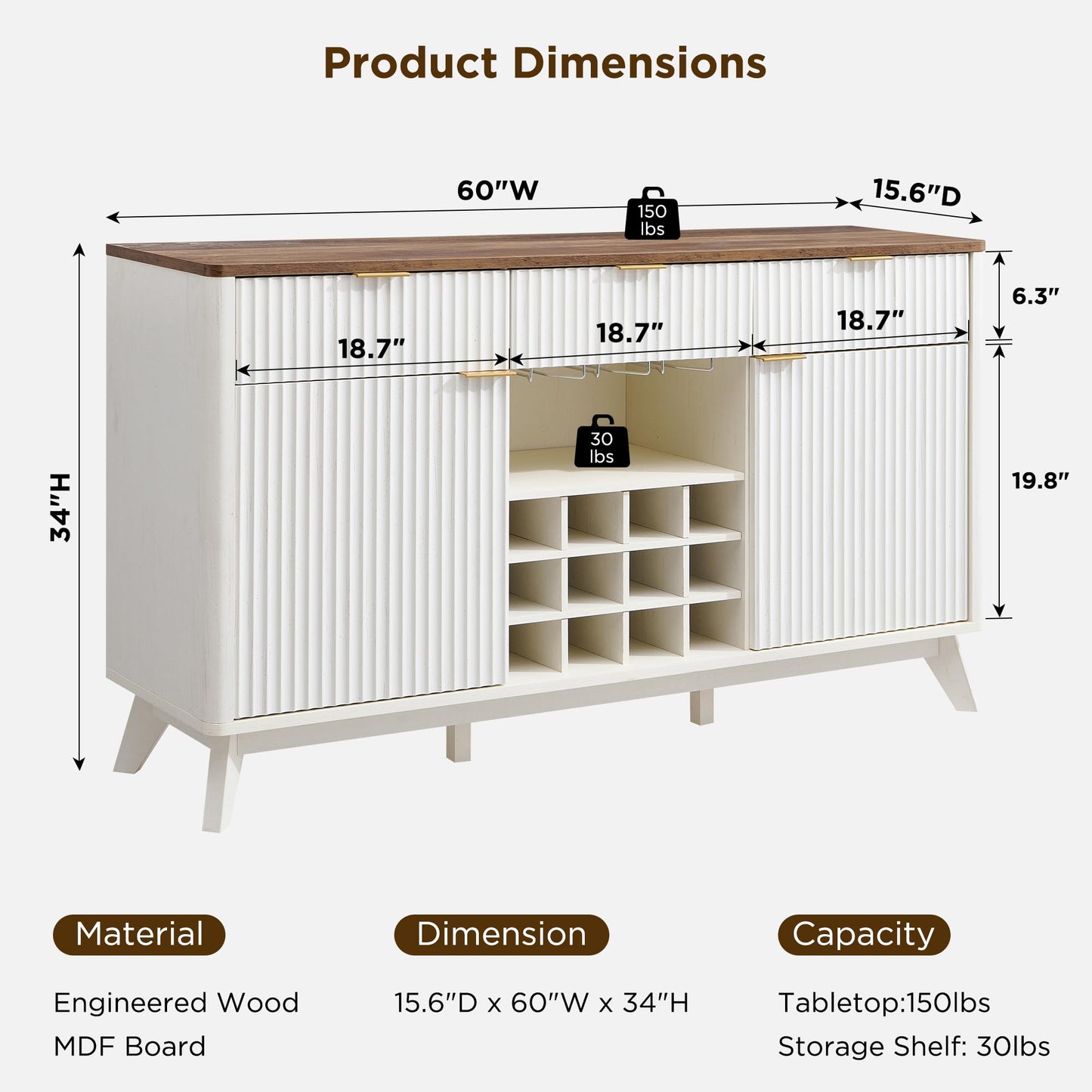 60" Fluted Buffet Cabinet with 3 Drawers and 2 Doors, Modern Wine and Coffee Bar Sideboard with Wine and Glass Racks, Adjustable Shelves for Kitchen or Dining, Antique White