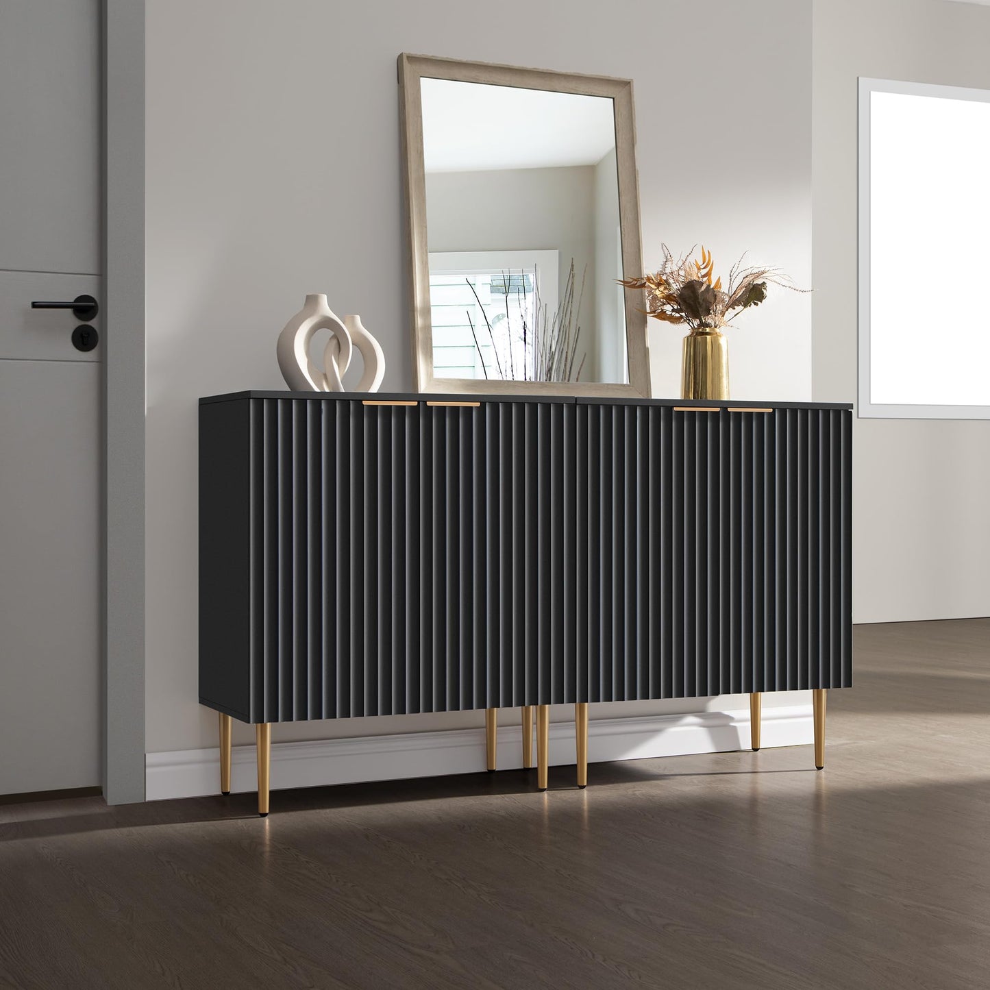 57" Modern Sideboard Buffet Cabinet with 4 Doors and Adjustable Shelf, Space-Saving Storage Console for Entryway, Kitchen, or Living Room, White