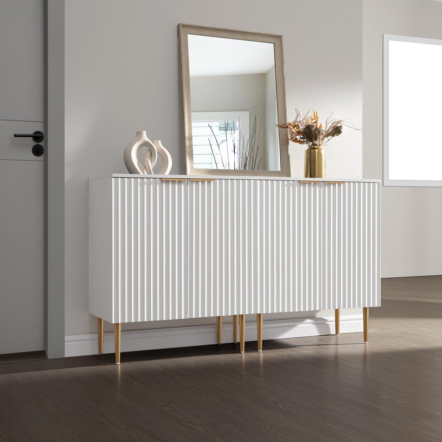 57" Modern Sideboard Buffet Cabinet with 4 Doors and Adjustable Shelf, Space-Saving Storage Console for Entryway, Kitchen, or Living Room, White