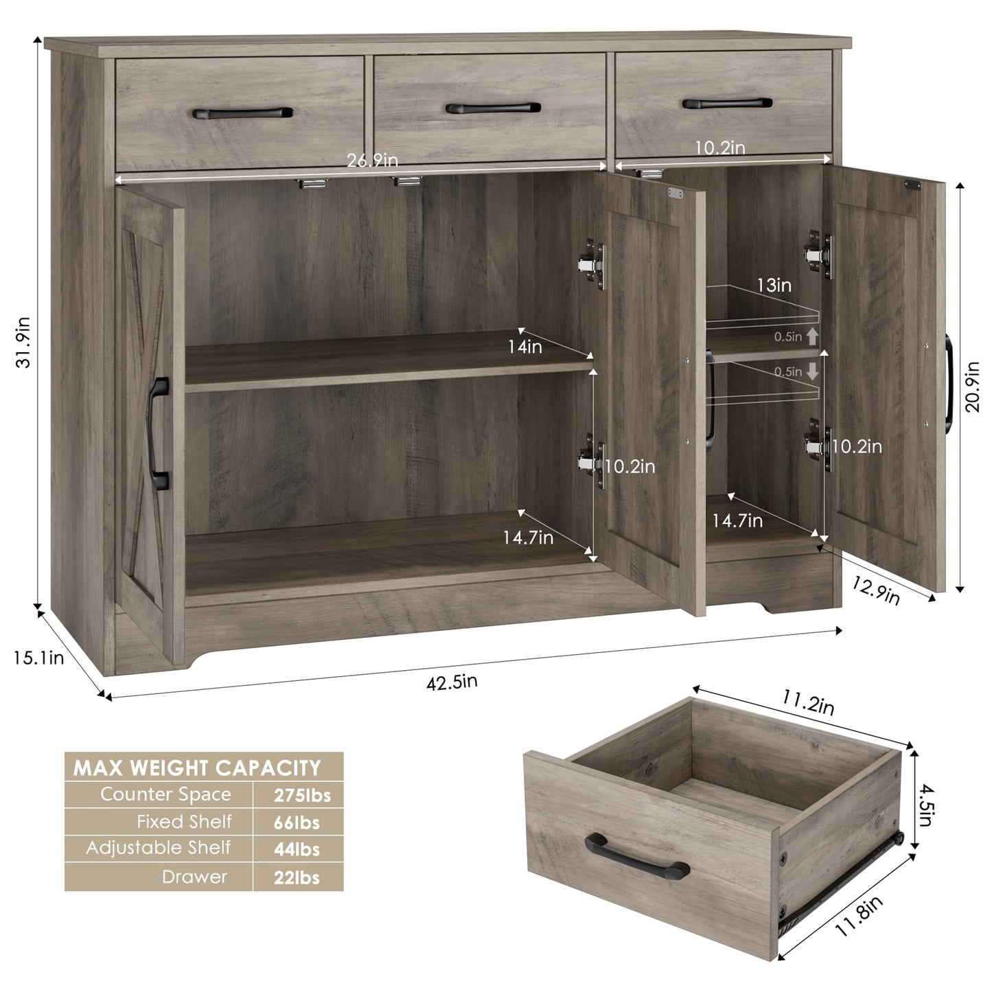 **HOSTACK Modern Farmhouse Buffet Sideboard Cabinet with Barn Doors, Drawers, and Shelves, Wood Coffee Bar Storage Cabinet for Dining Room, Kitchen, or Living Room, Ash Grey**