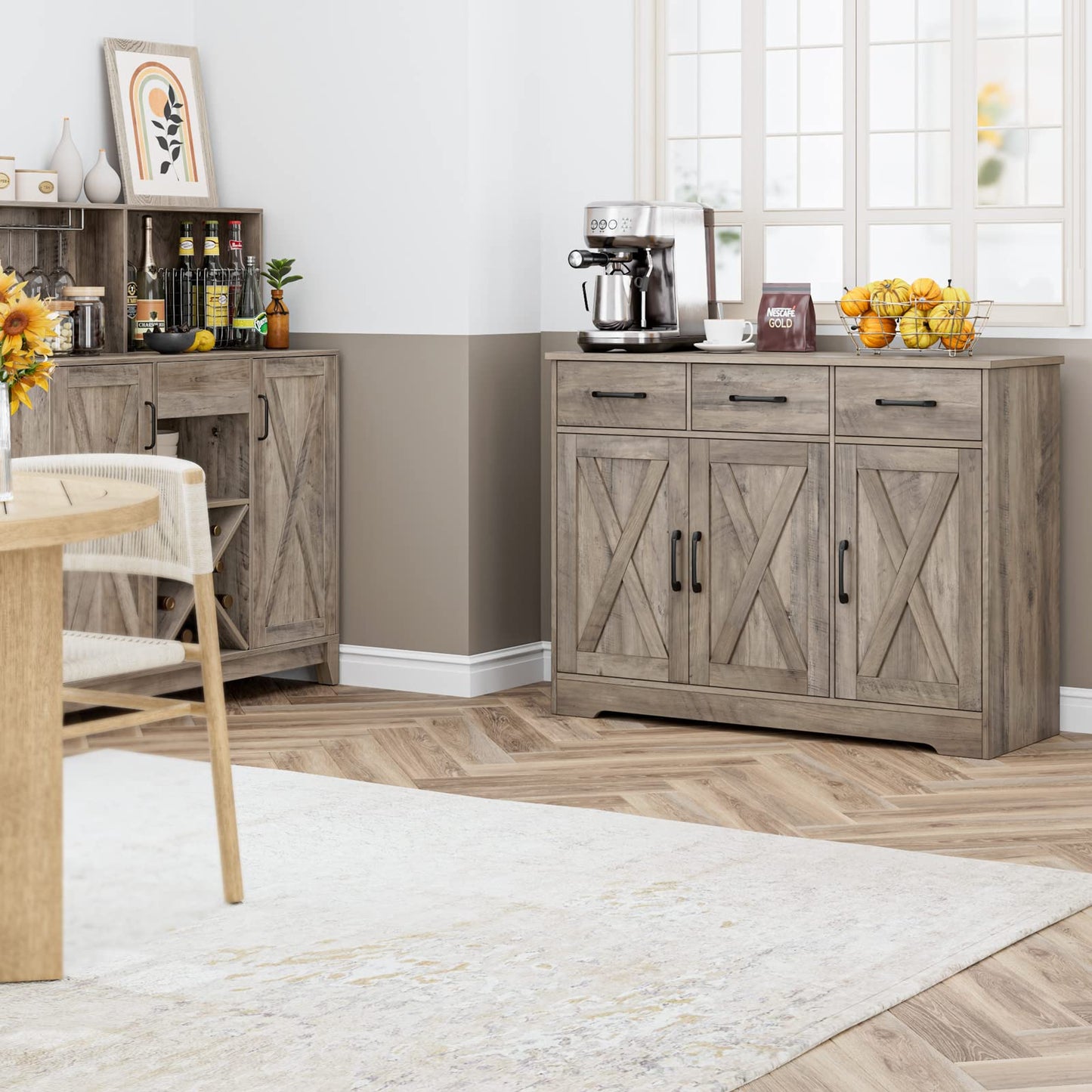 **HOSTACK Modern Farmhouse Buffet Sideboard Cabinet with Barn Doors, Drawers, and Shelves, Wood Coffee Bar Storage Cabinet for Dining Room, Kitchen, or Living Room, Ash Grey**