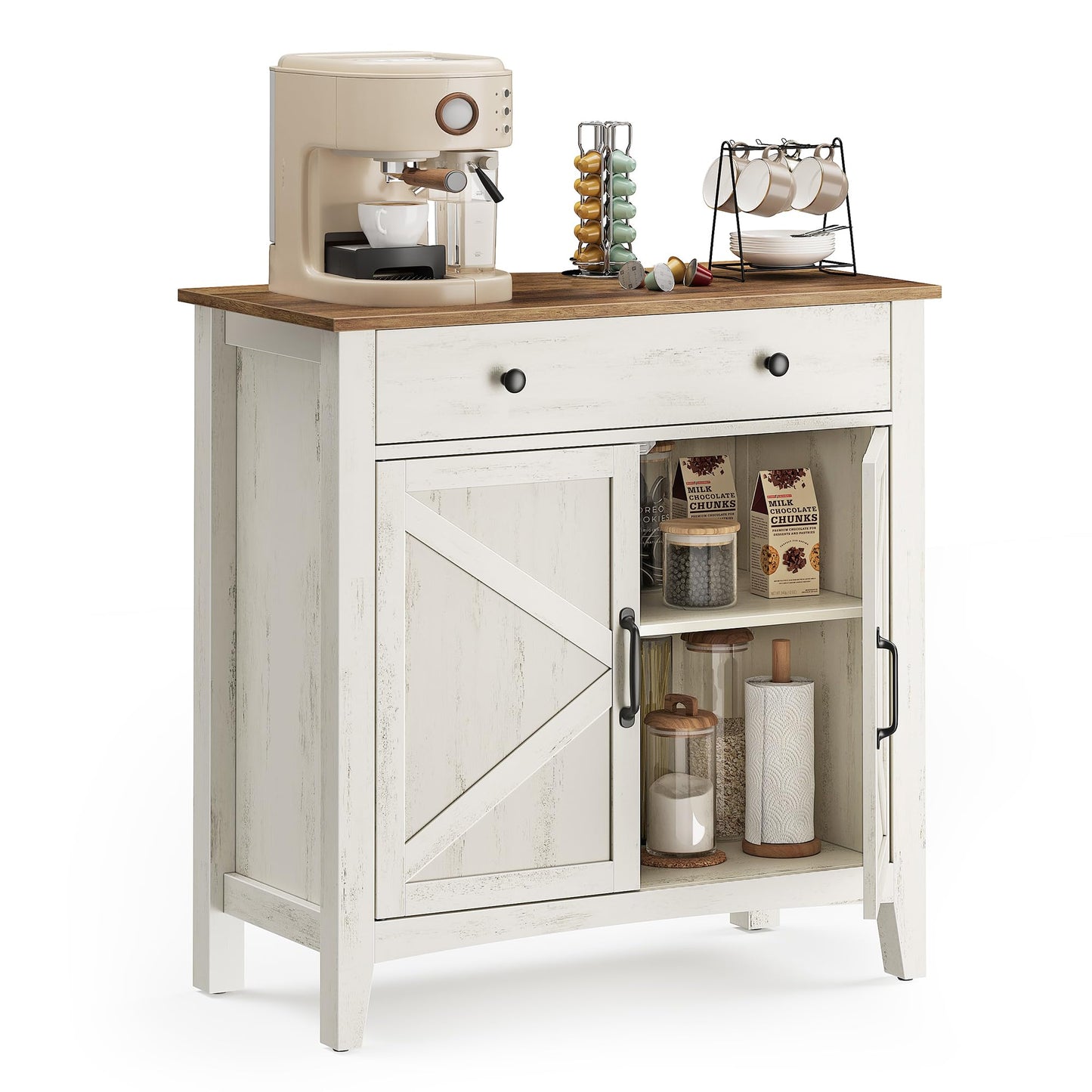 **Buffet Cabinet, Coffee Bar Cabinet with Drawer, Adjustable Shelf, Sideboard Storage with Cable Hole and Drawer Divider, Rustic White and Honey Brown**
