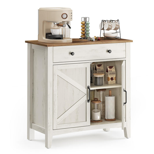 **Buffet Cabinet, Coffee Bar Cabinet with Drawer, Adjustable Shelf, Sideboard Storage with Cable Hole and Drawer Divider, Rustic White and Honey Brown**