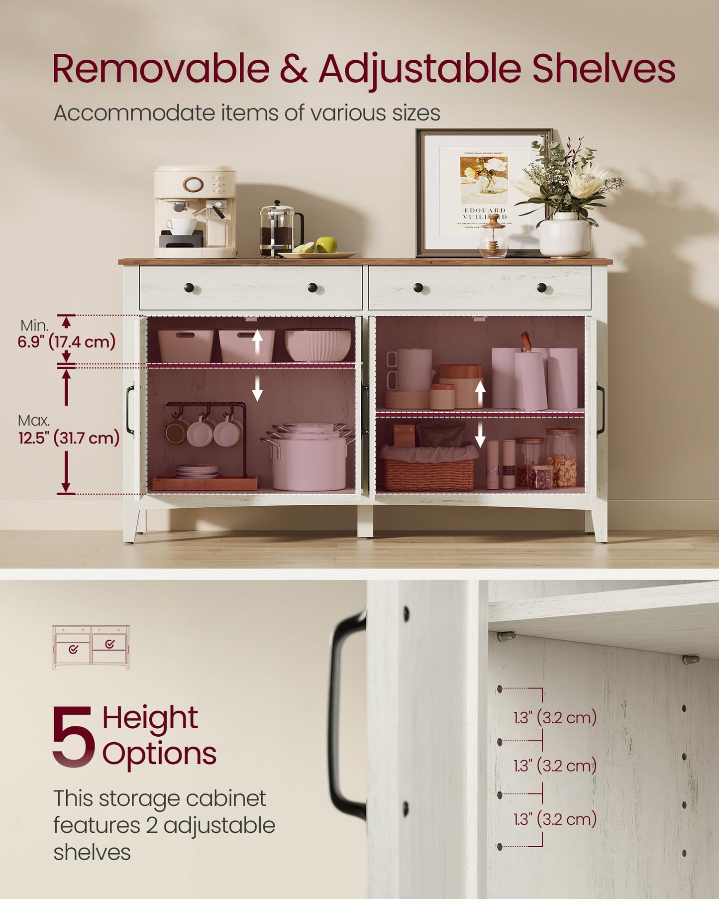 **Buffet Cabinet, Coffee Bar Cabinet with 2 Drawers, Adjustable Shelves, Sideboard Storage with Cable Holes and Drawer Dividers, Rustic White and Honey Brown**