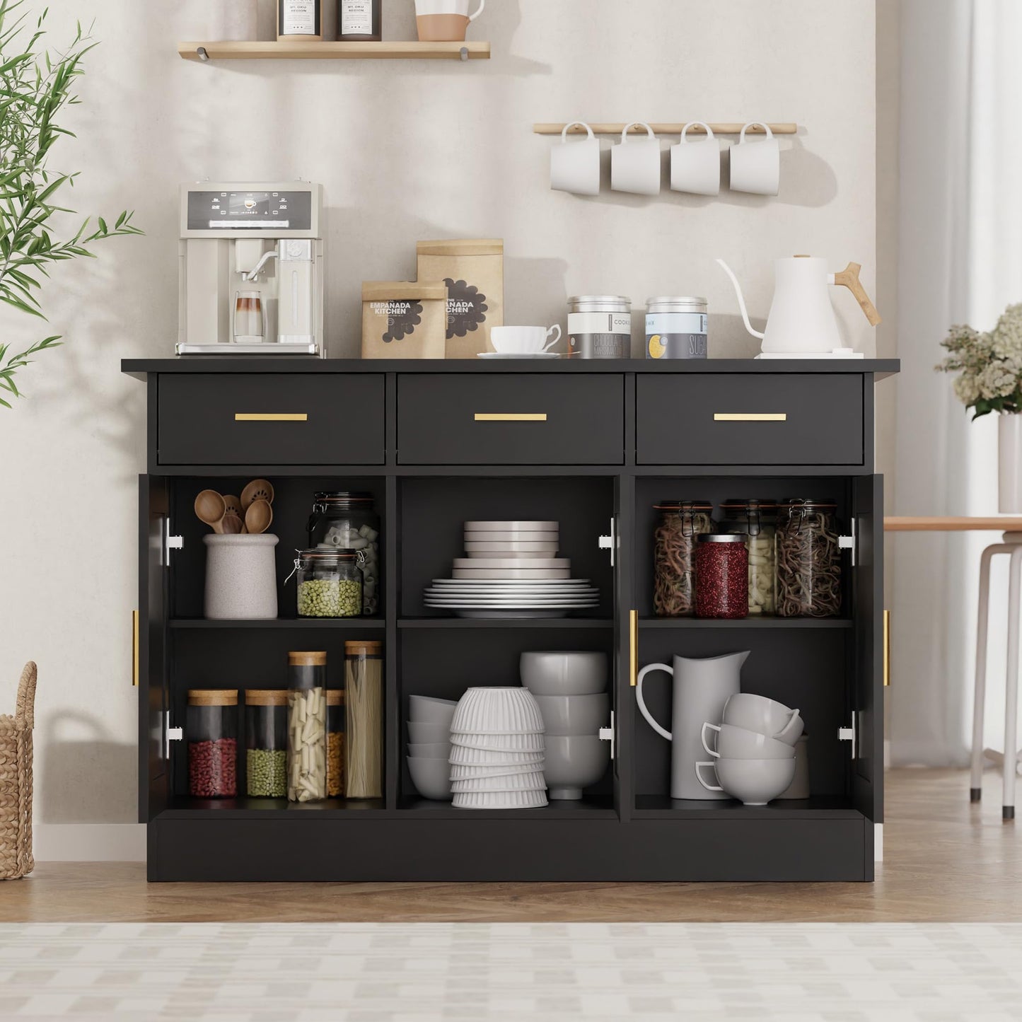 Modern Narrow Sideboard Cabinet with Marble Top, White Buffet Storage Cabinet for Kitchen or Living Room