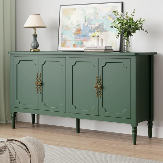 58" Large Sideboard Buffet Cabinet with Storage, Modern Credenza Coffee Bar Cabinet with Artistic Carved Handles for Dining or Living Room, Satin Black