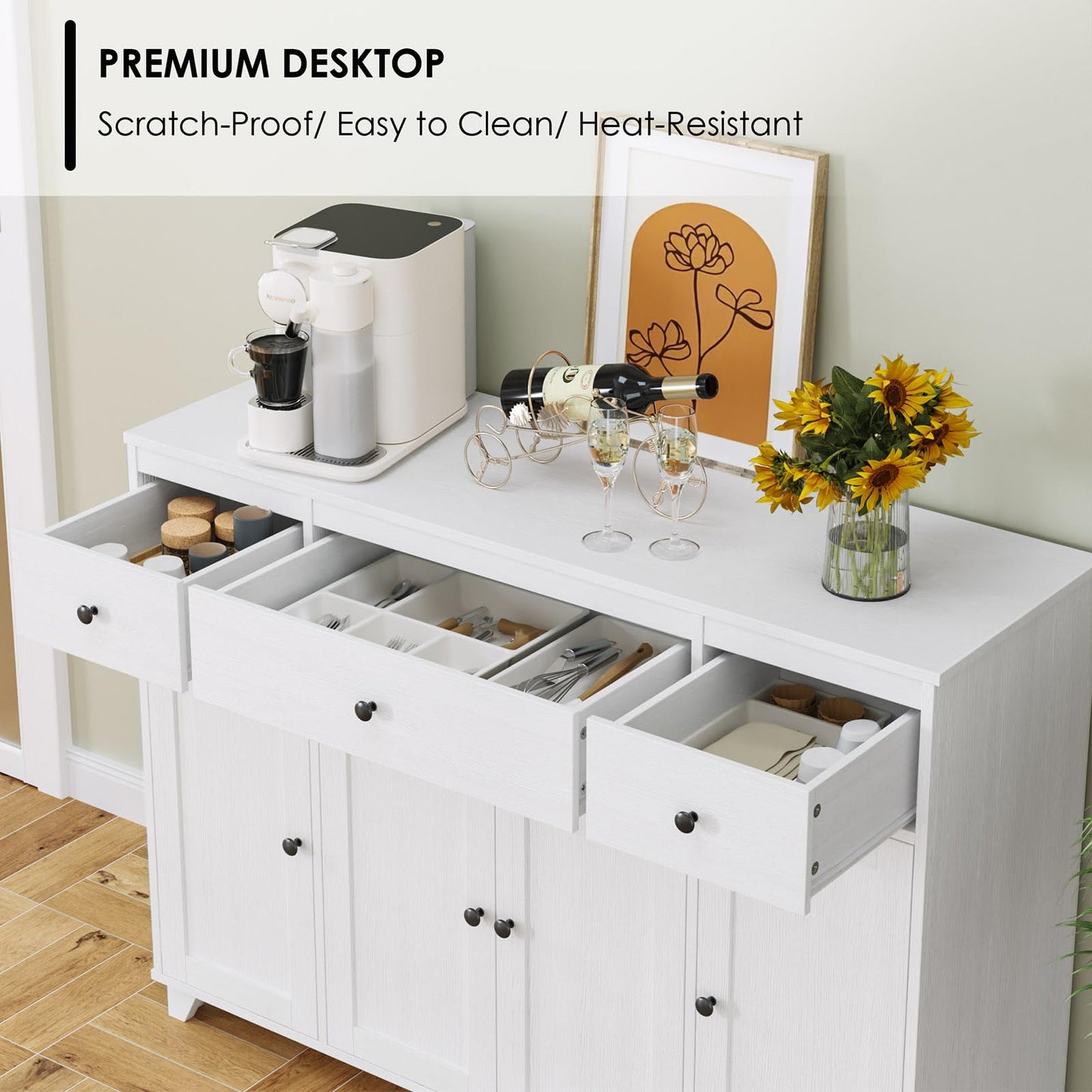 47" White Buffet Cabinet with 3 Drawers, 4 Doors, and Adjustable Shelves, Modern Coffee Bar Sideboard for Kitchen, Dining, or Living Room