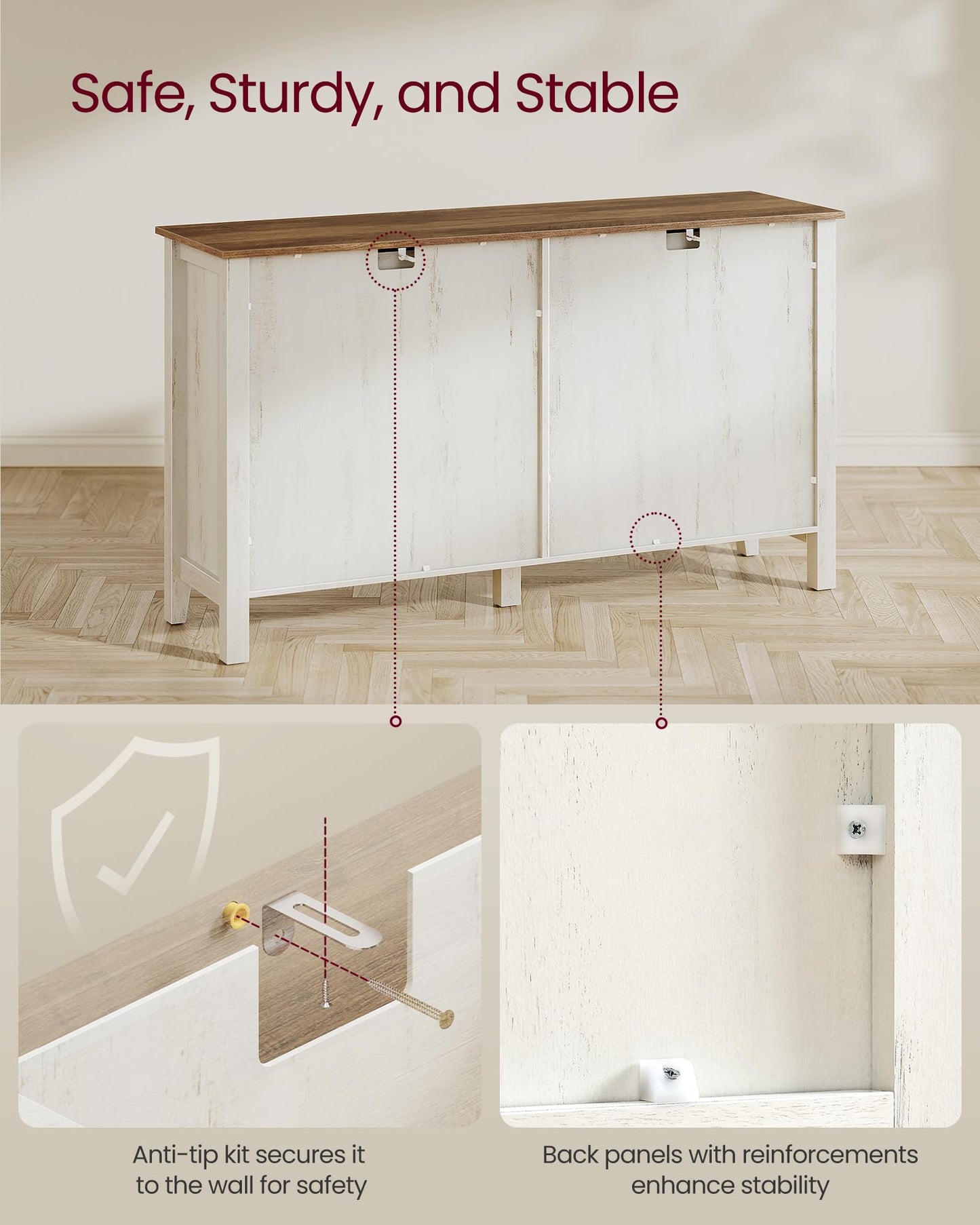 **Buffet Cabinet, Coffee Bar Cabinet with 2 Drawers, Adjustable Shelves, Sideboard Storage with Cable Holes and Drawer Dividers, Rustic White and Honey Brown**