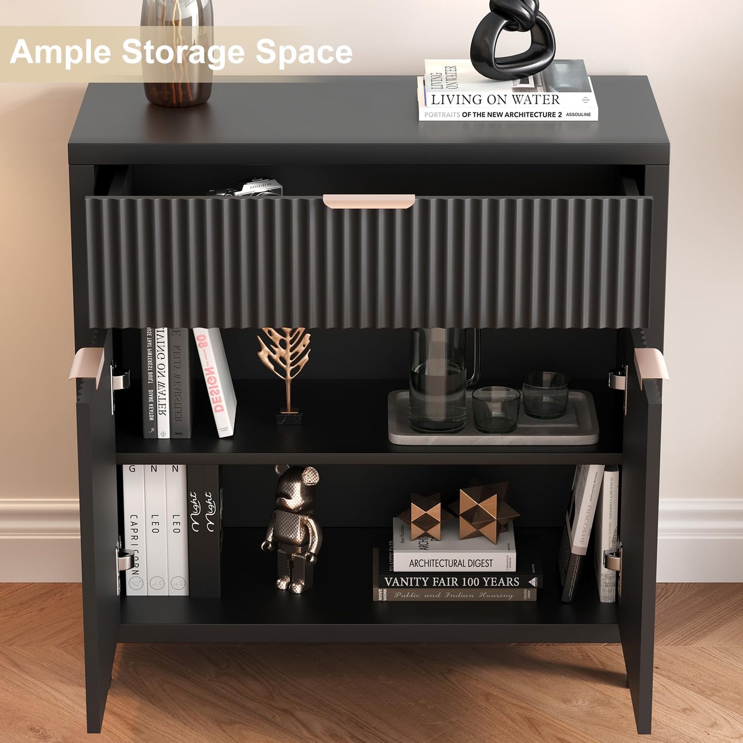 Fluted Storage Cabinet, Sideboard Buffet with Storage, 2 Door 1 Drawer Adjustable Shelf, Accent Cabinet, Console Tables, Credenzas for Living Room, Entryway Table Black