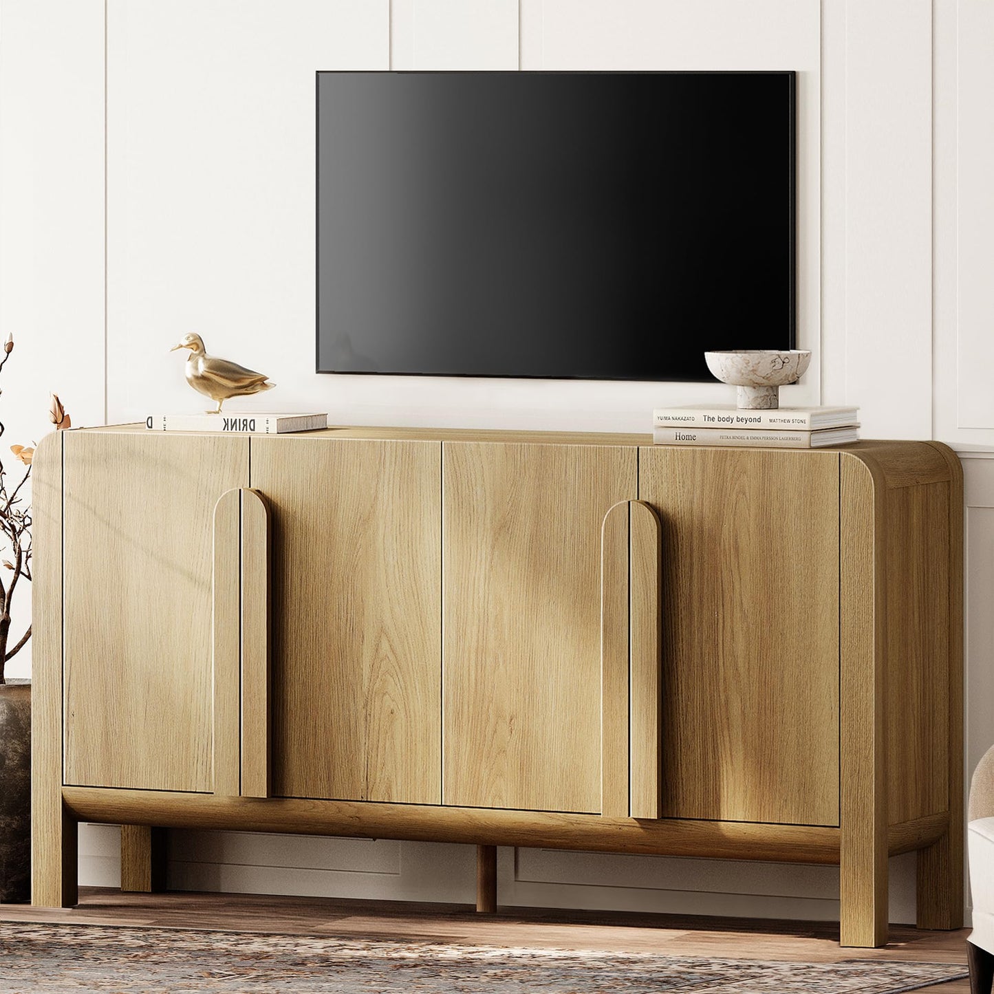 63" Large Curved Buffet Sideboard Cabinet with 4 Doors, Modern Coffee Bar and Wine Bar Storage for Dining Room, Living Room, or Kitchen, Light Walnut