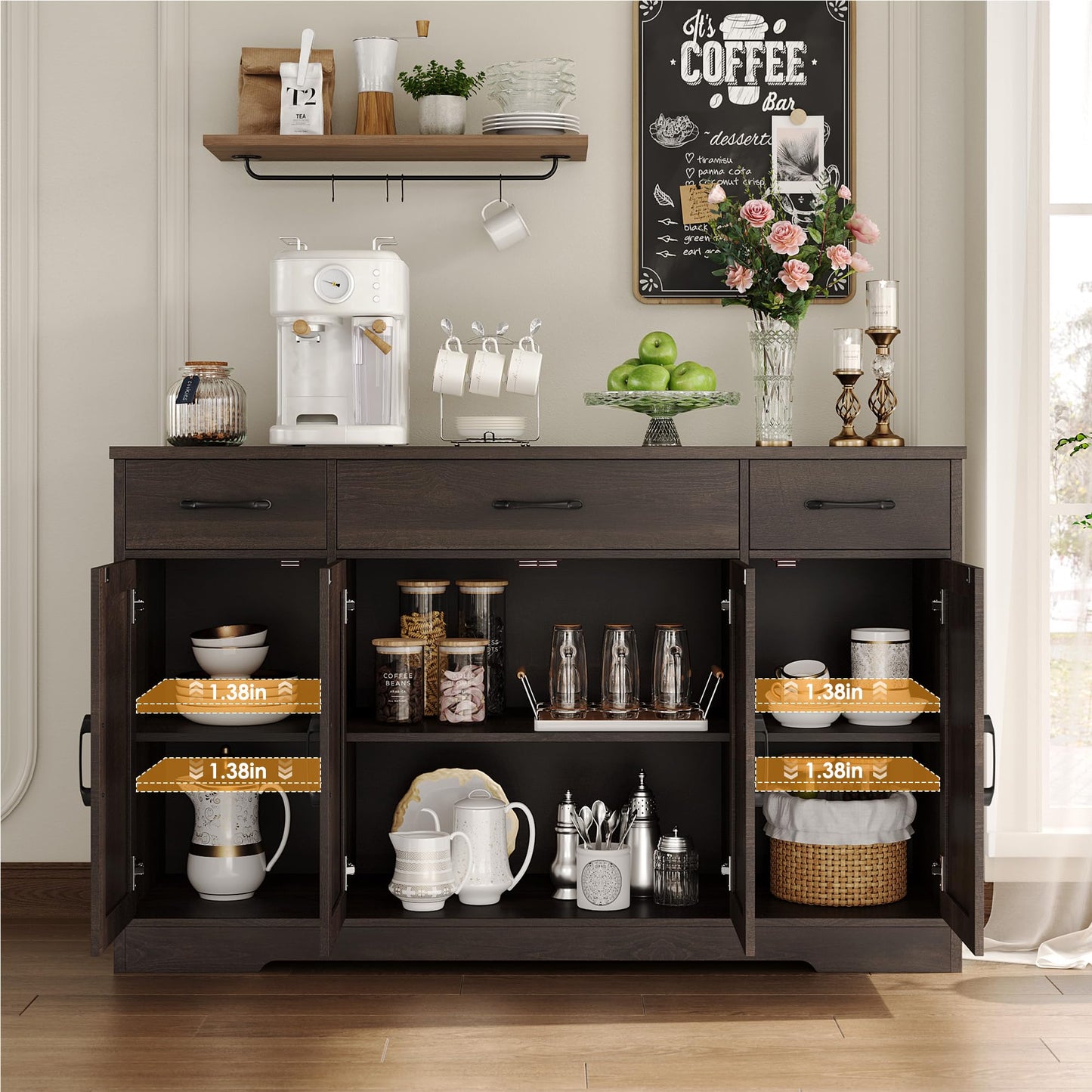 55" Large Buffet Sideboard Cabinet with Drawers, Shelves, and Doors, Modern Farmhouse Coffee Bar Station for Kitchen or Dining Room, Dark Brown