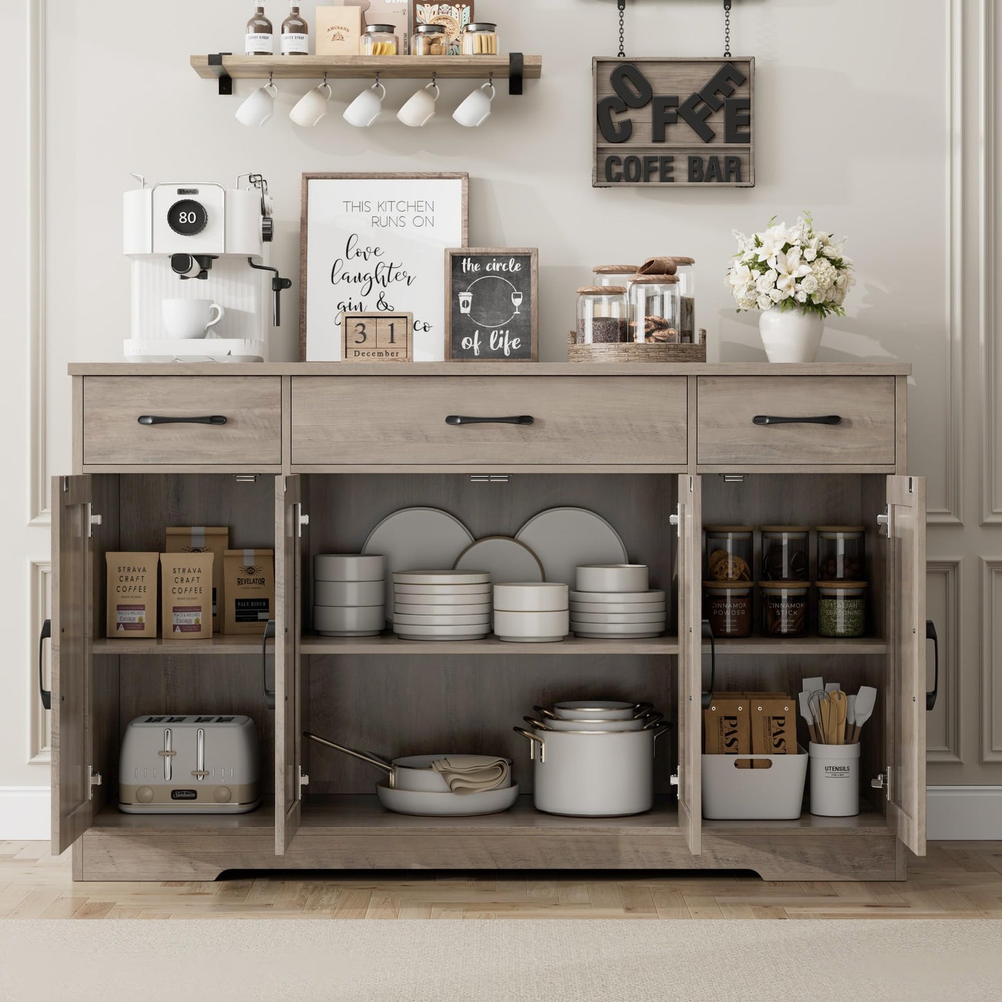 55" Large Buffet Sideboard Cabinet with Drawers, Shelves, and Doors, Modern Farmhouse Coffee Bar Station for Kitchen or Dining Room, Ash Grey