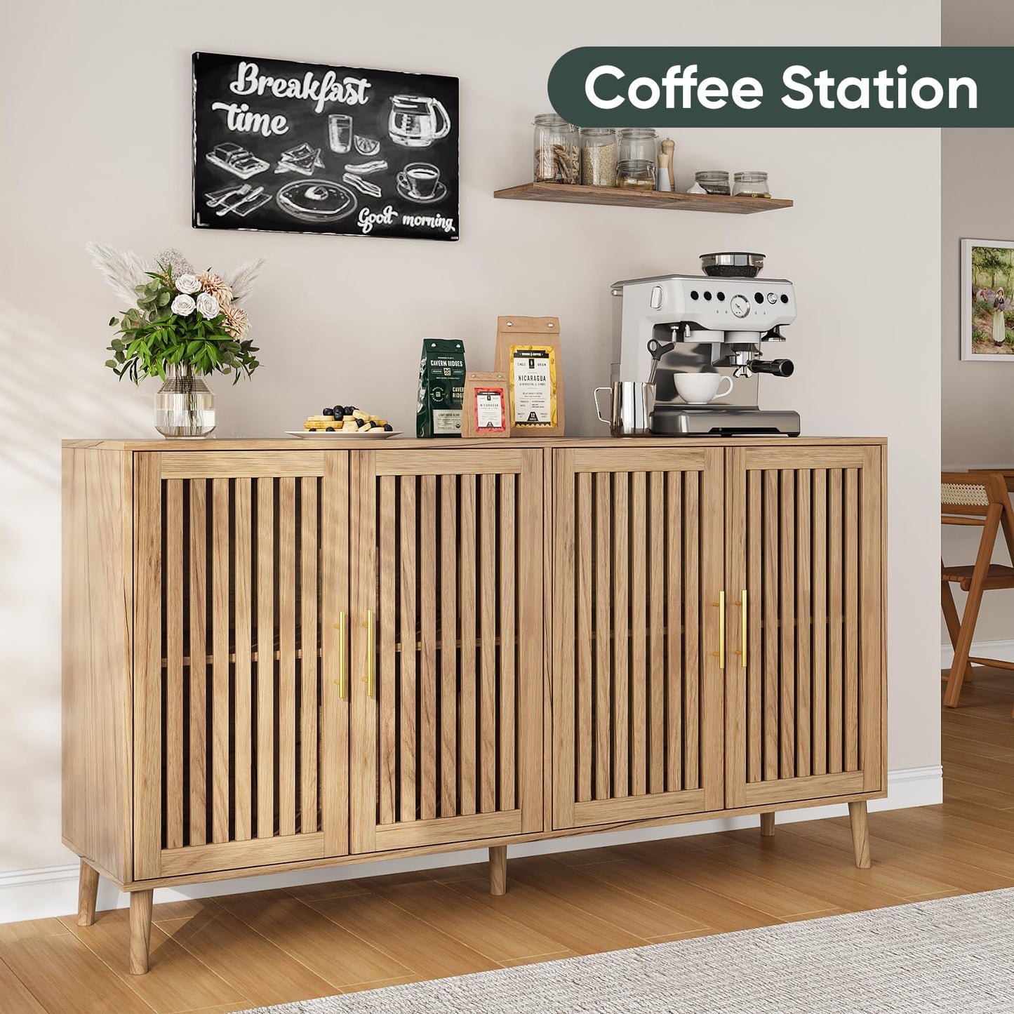 63" Sideboard Buffet with 4 Louvered Doors and Gold Handles, Farmhouse Coffee Bar Storage Cabinet for Entryway, Kitchen, Dining, or Living Room, Walnut