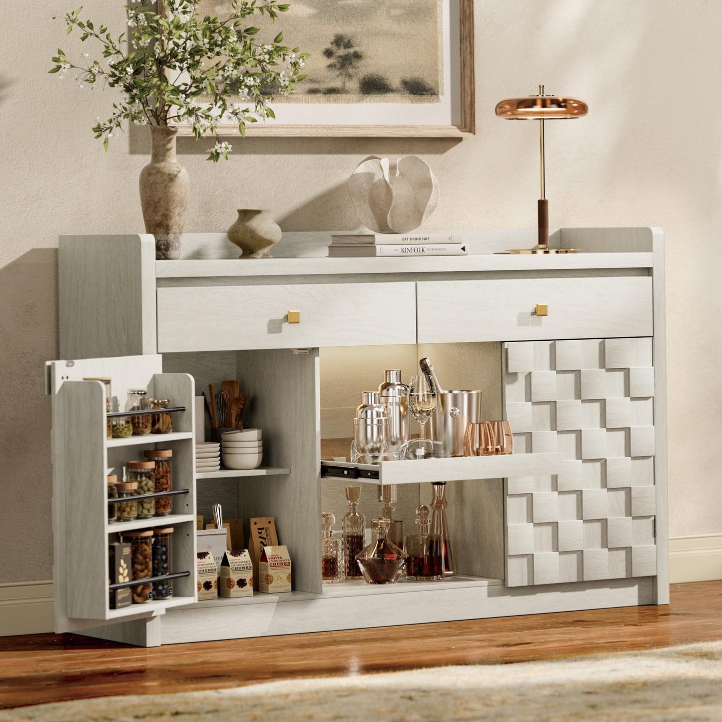 55" Fluted Sideboard Buffet Cabinet with Charging Station and LED Light, 2 Drawers, Pull-Out Shelf, and Spice Rack, Modern Kitchen Storage, White Oak