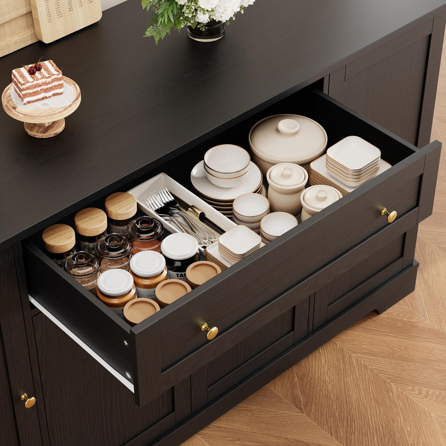 **HITHOS 54" Modern Buffet Cabinet with Storage, Black Kitchen Sideboard with Drawer, Wood Coffee Bar with Adjustable Shelves for Living Room**