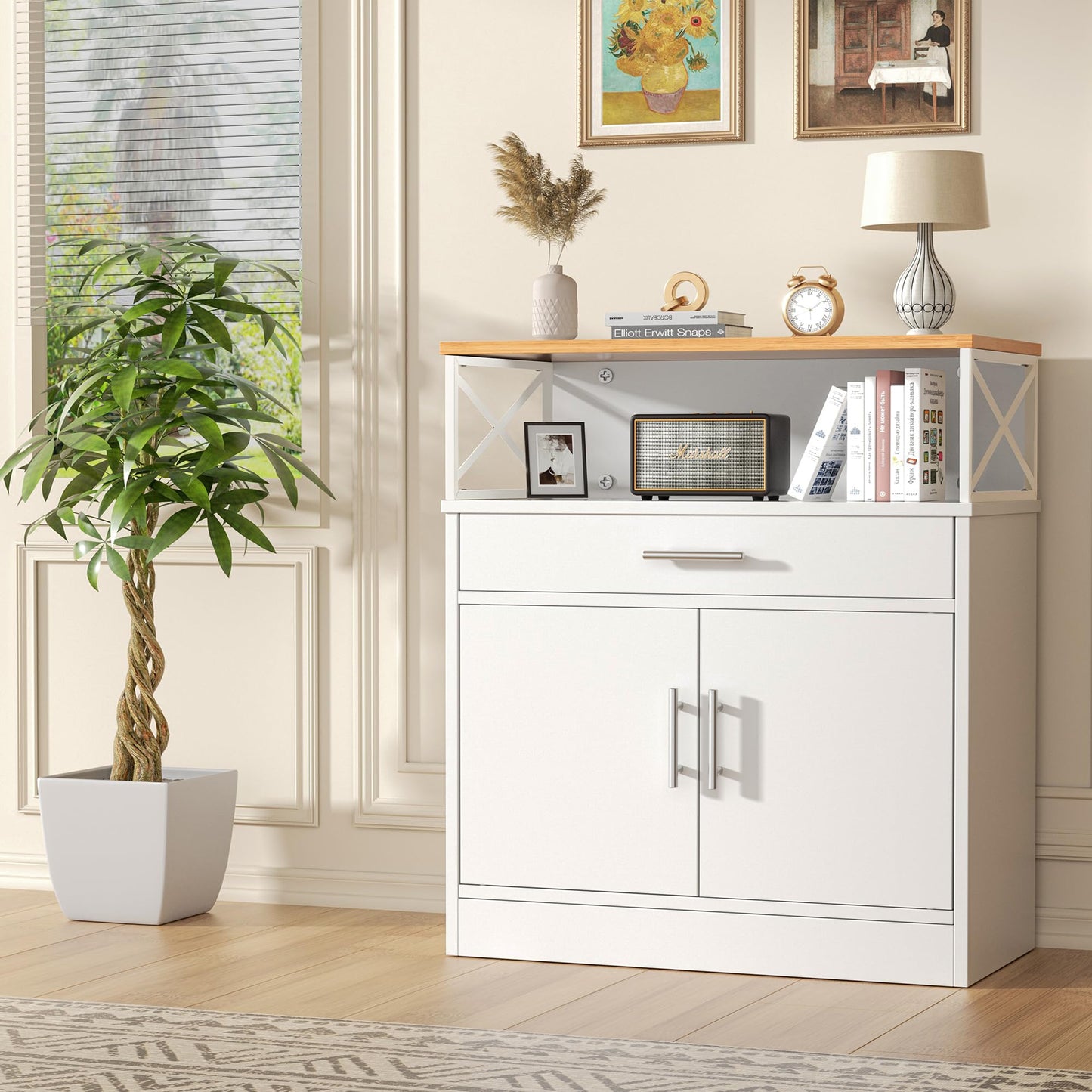 **Shintenchi Modern Kitchen Buffet Cabinet with Adjustable Shelf, Farmhouse Coffee Bar Storage Cabinet, White**