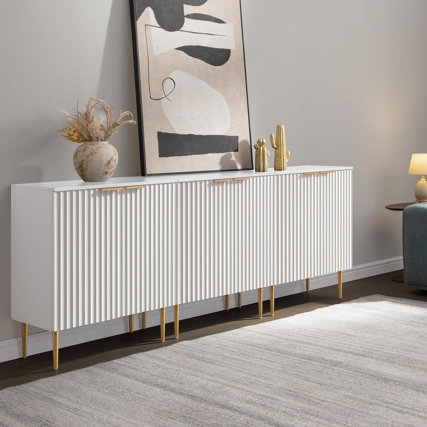 57" Modern Sideboard Buffet Cabinet with 4 Doors and Adjustable Shelf, Space-Saving Storage Console for Entryway, Kitchen, or Living Room, White