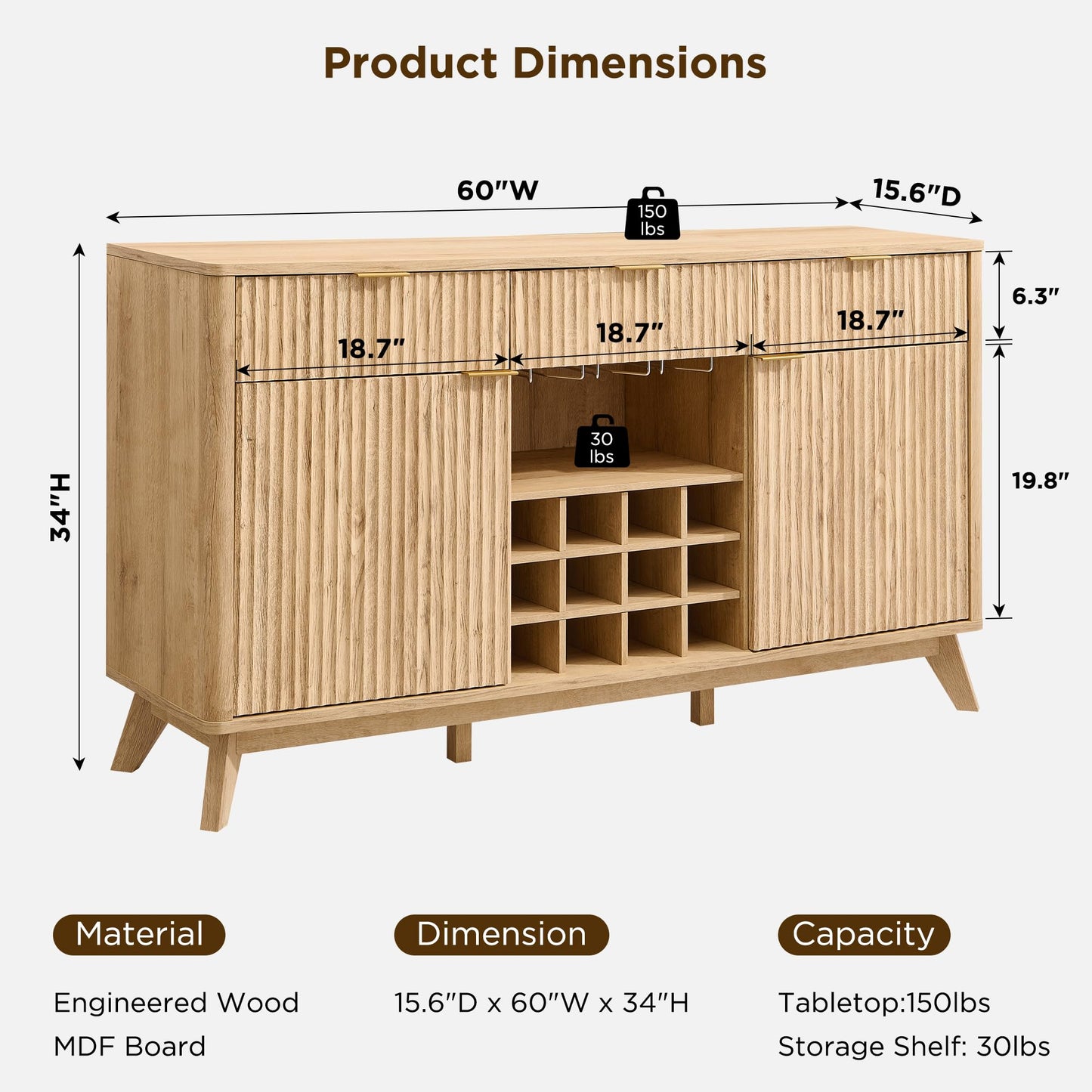 60" Fluted Buffet Cabinet with 3 Drawers and 2 Doors, Modern Wine and Coffee Bar Sideboard with Wine and Glass Racks, Adjustable Shelves for Kitchen or Dining, Natural Oak