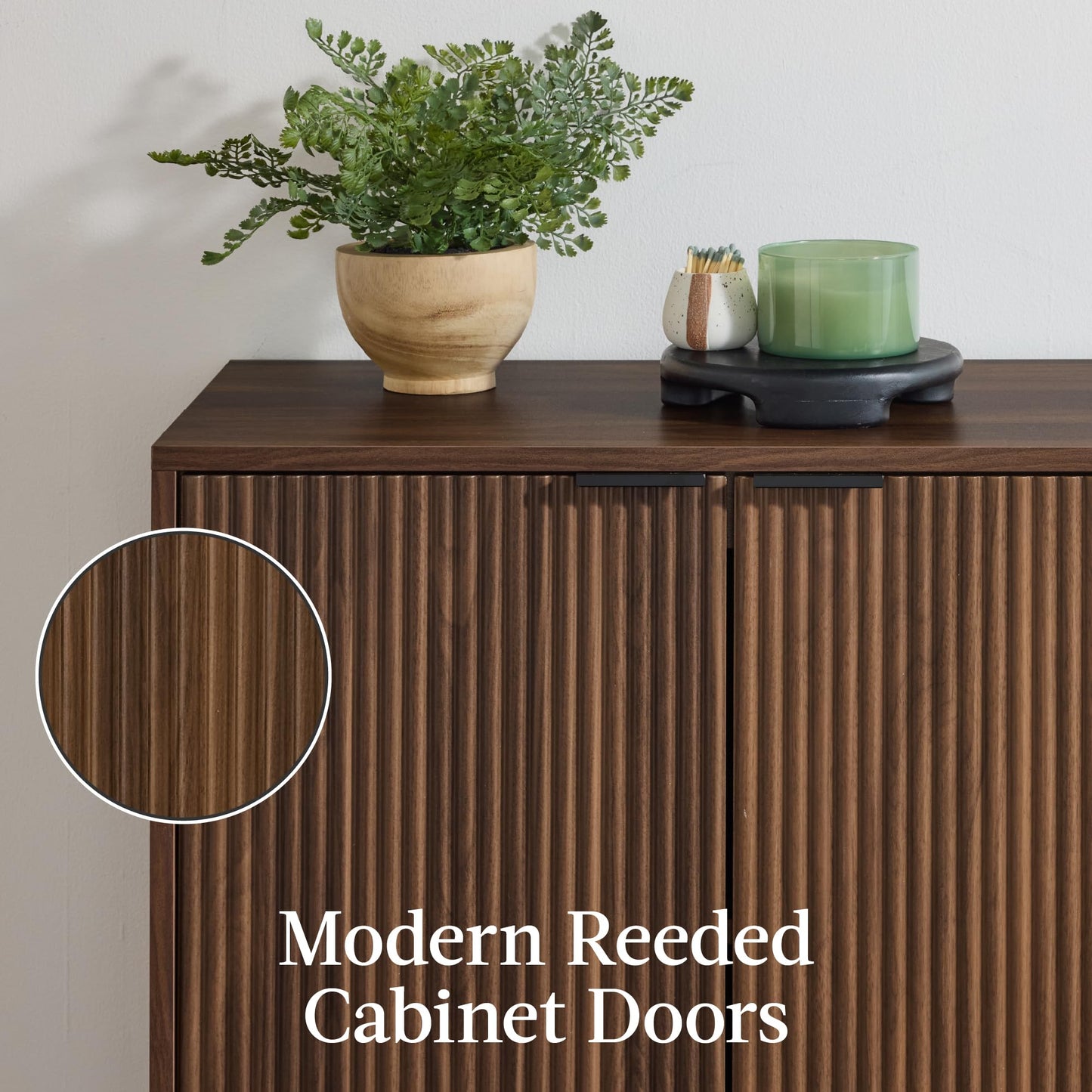 Modern 55" 4-Door Sideboard Storage Cabinet with Reed Panels and Adjustable Shelves, Buffet Media Cabinet for Entryway or Living Room, Walnut
