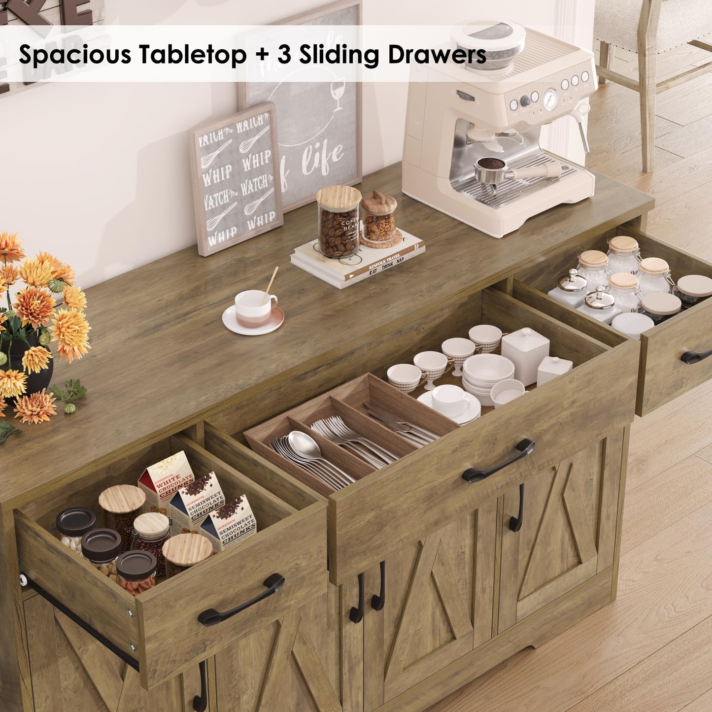 55" Large Buffet Sideboard Cabinet with Drawers, Shelves, and Doors, Modern Farmhouse Coffee Bar Station for Kitchen or Dining Room, Rustic Brown