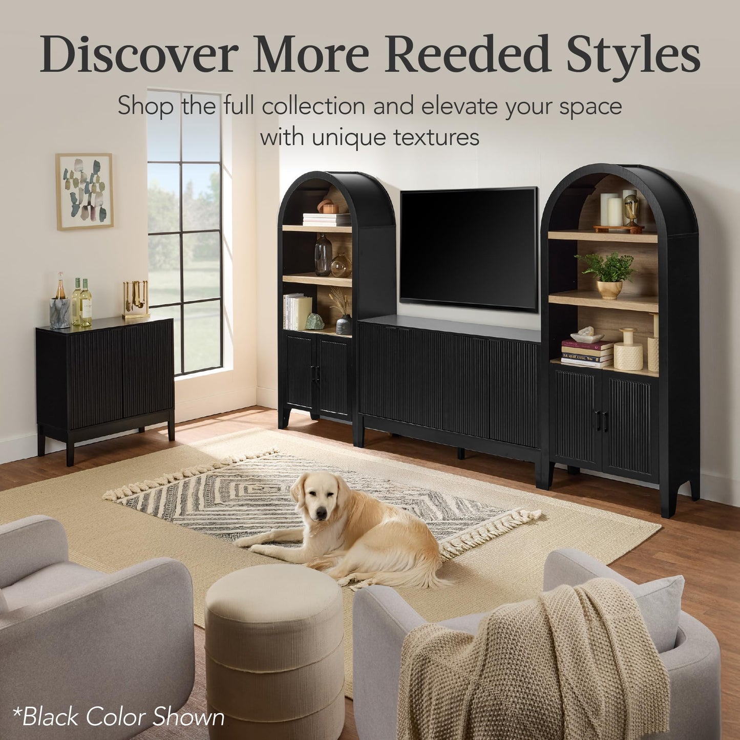 Modern 55" 4-Door Sideboard Storage Cabinet with Reed Panels and Adjustable Shelves, Buffet Media Cabinet for Entryway or Living Room, Walnut